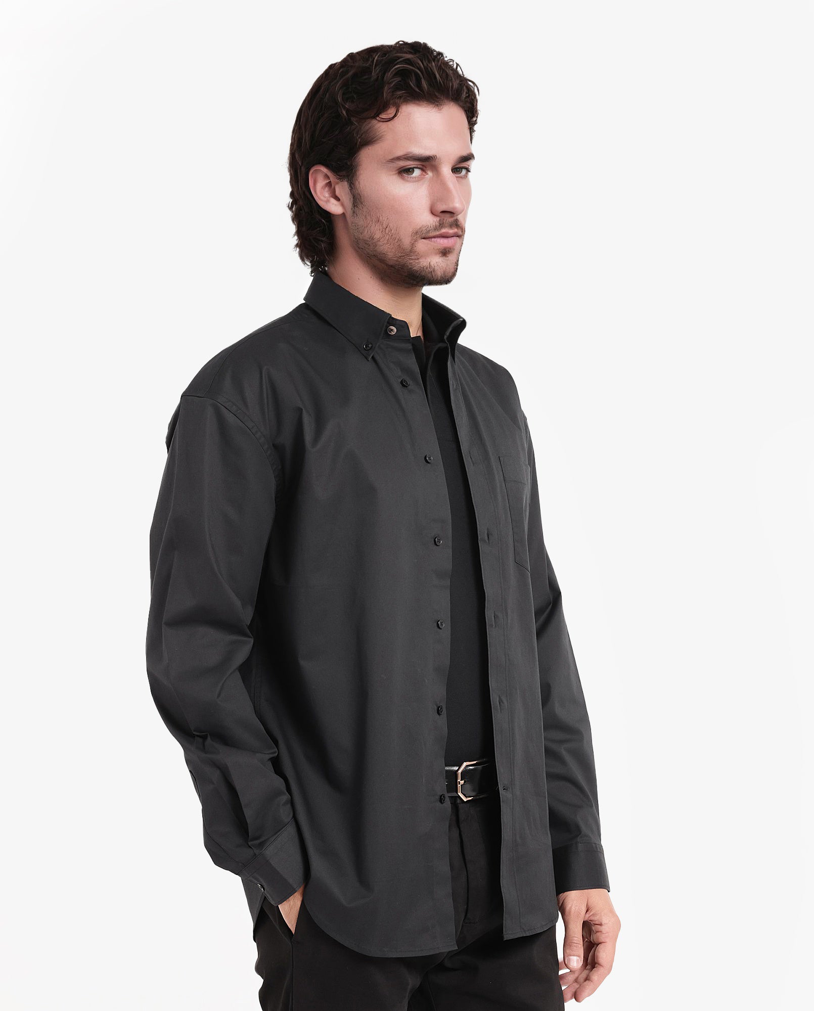 Rare Rabbit Men's Zord Black Cotton Lycra Fabric Full Sleeves Button Down Collar Boxy Fit Plain Shirt