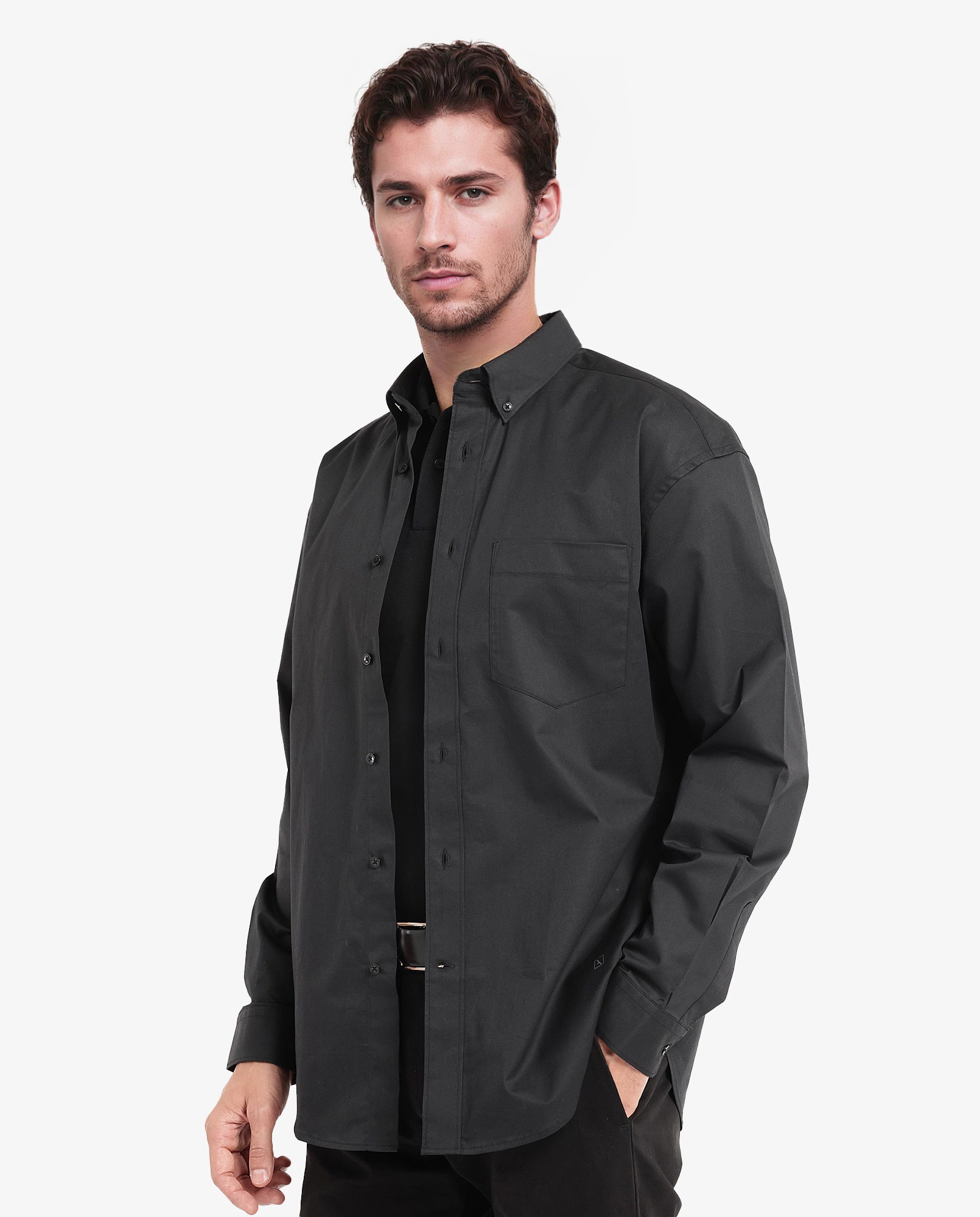 Rare Rabbit Men's Zord Black Cotton Lycra Fabric Full Sleeves Button Down Collar Boxy Fit Plain Shirt