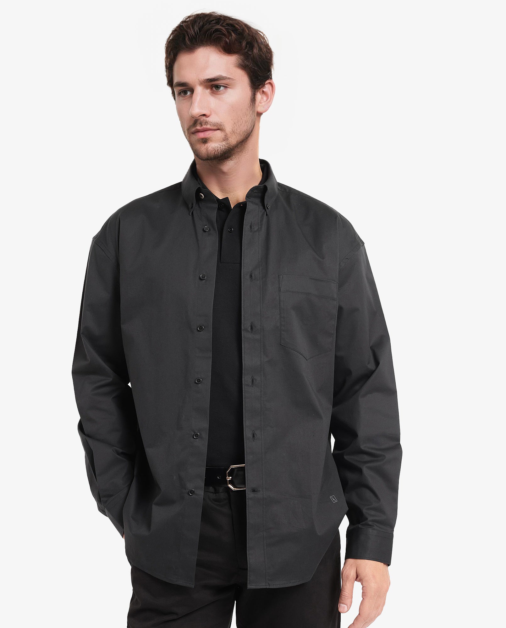 Rare Rabbit Men's Zord Black Cotton Lycra Fabric Full Sleeves Button Down Collar Boxy Fit Plain Shirt