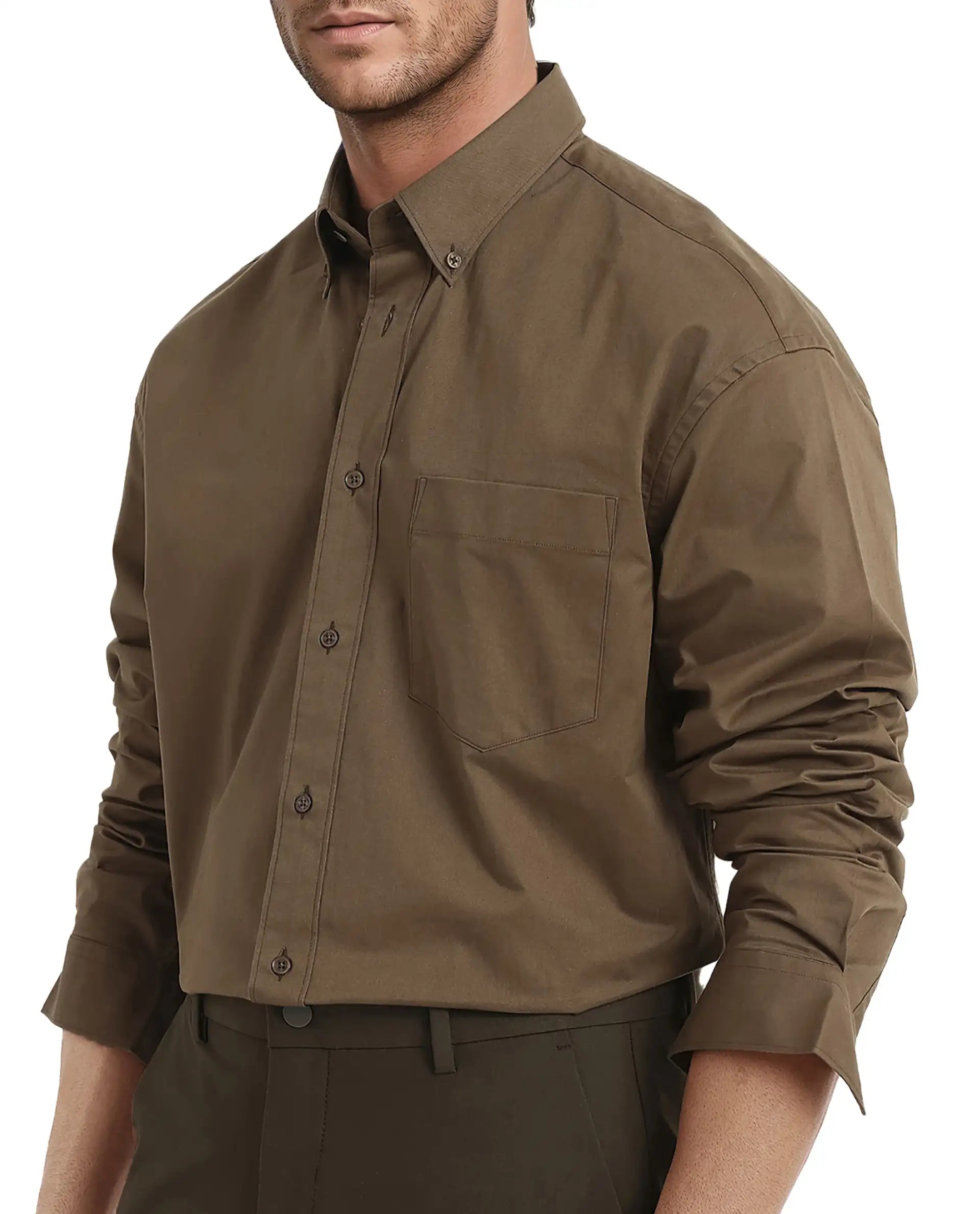Rare Rabbit Men's Zord Brown Cotton Lycra Fabric Full Sleeves Button Down Collar Boxy Fit Plain Shirt