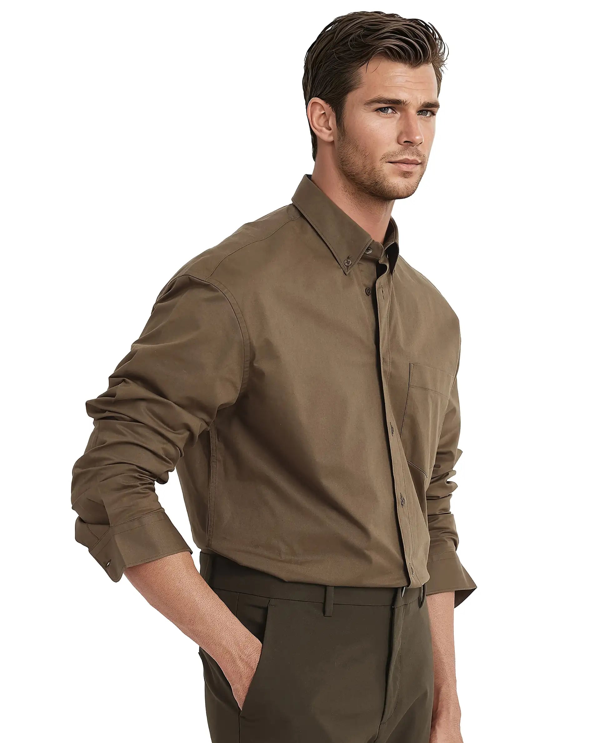 Rare Rabbit Men's Zord Brown Cotton Lycra Fabric Full Sleeves Button Down Collar Boxy Fit Plain Shirt