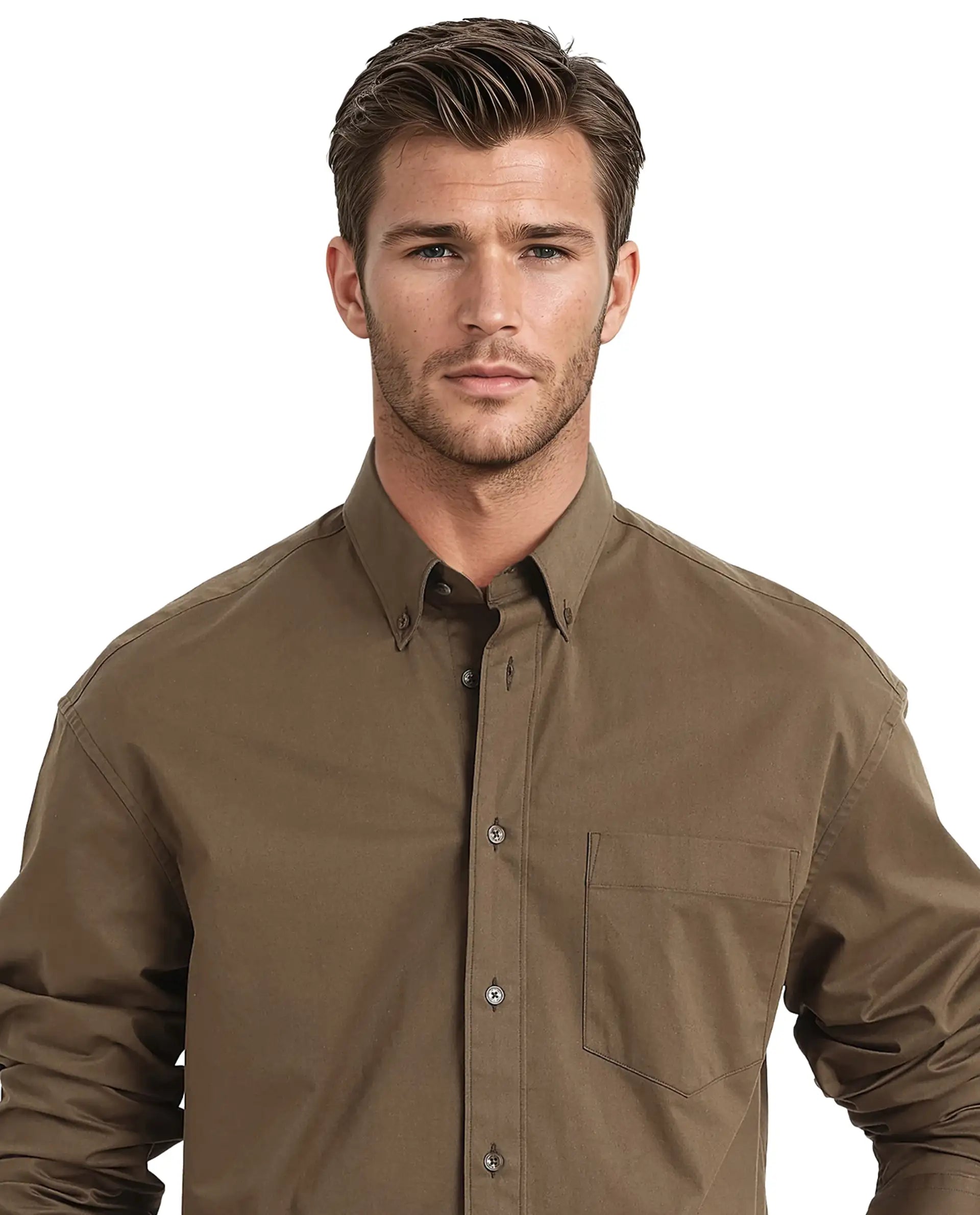 Rare Rabbit Men's Zord Brown Cotton Lycra Fabric Full Sleeves Button Down Collar Boxy Fit Plain Shirt