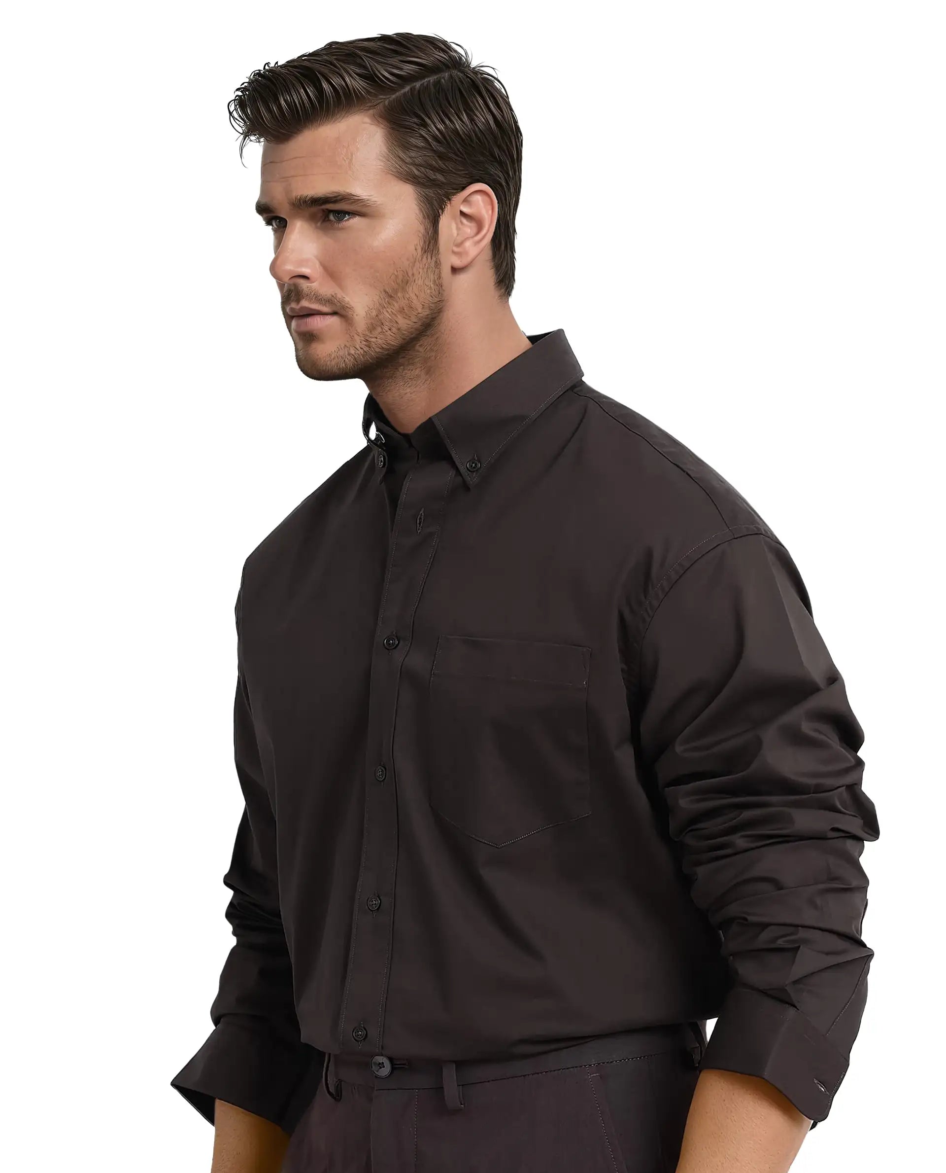 Rare Rabbit Men's Zord Dark Brown Cotton Lycra Fabric Full Sleeves Button Down Collar Boxy Fit Plain Shirt