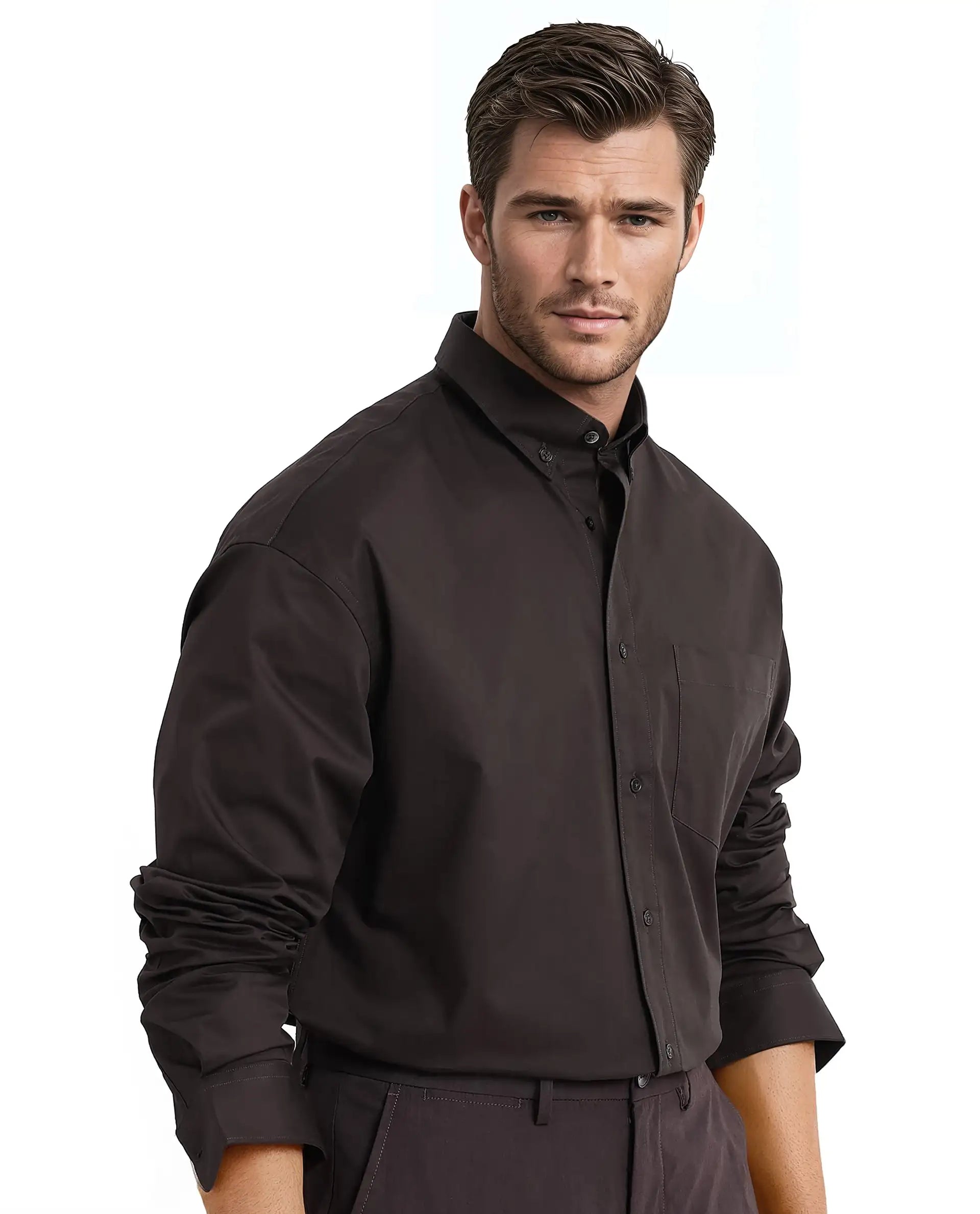 Rare Rabbit Men's Zord Dark Brown Cotton Lycra Fabric Full Sleeves Button Down Collar Boxy Fit Plain Shirt