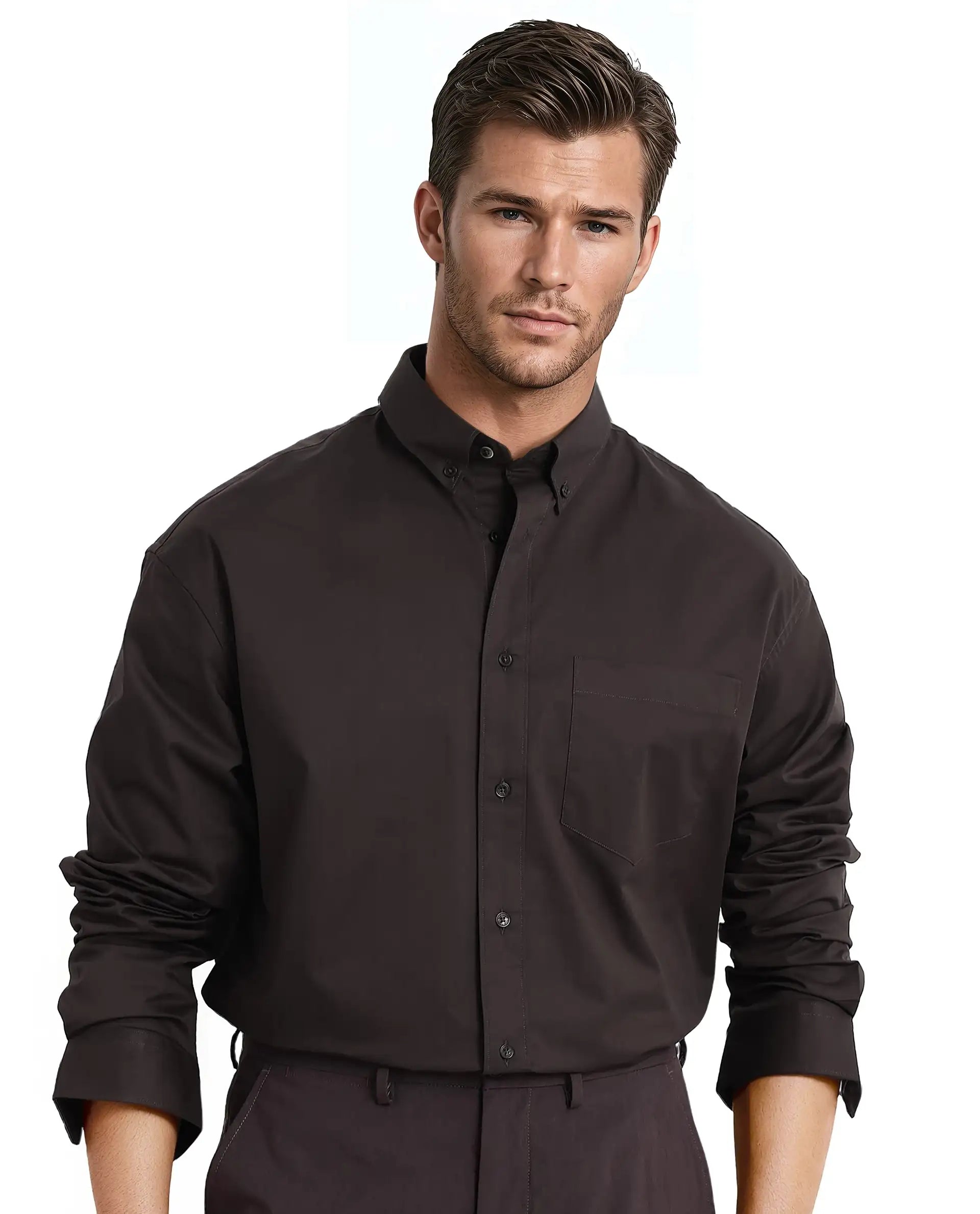 Rare Rabbit Men's Zord Dark Brown Cotton Lycra Fabric Full Sleeves Button Down Collar Boxy Fit Plain Shirt