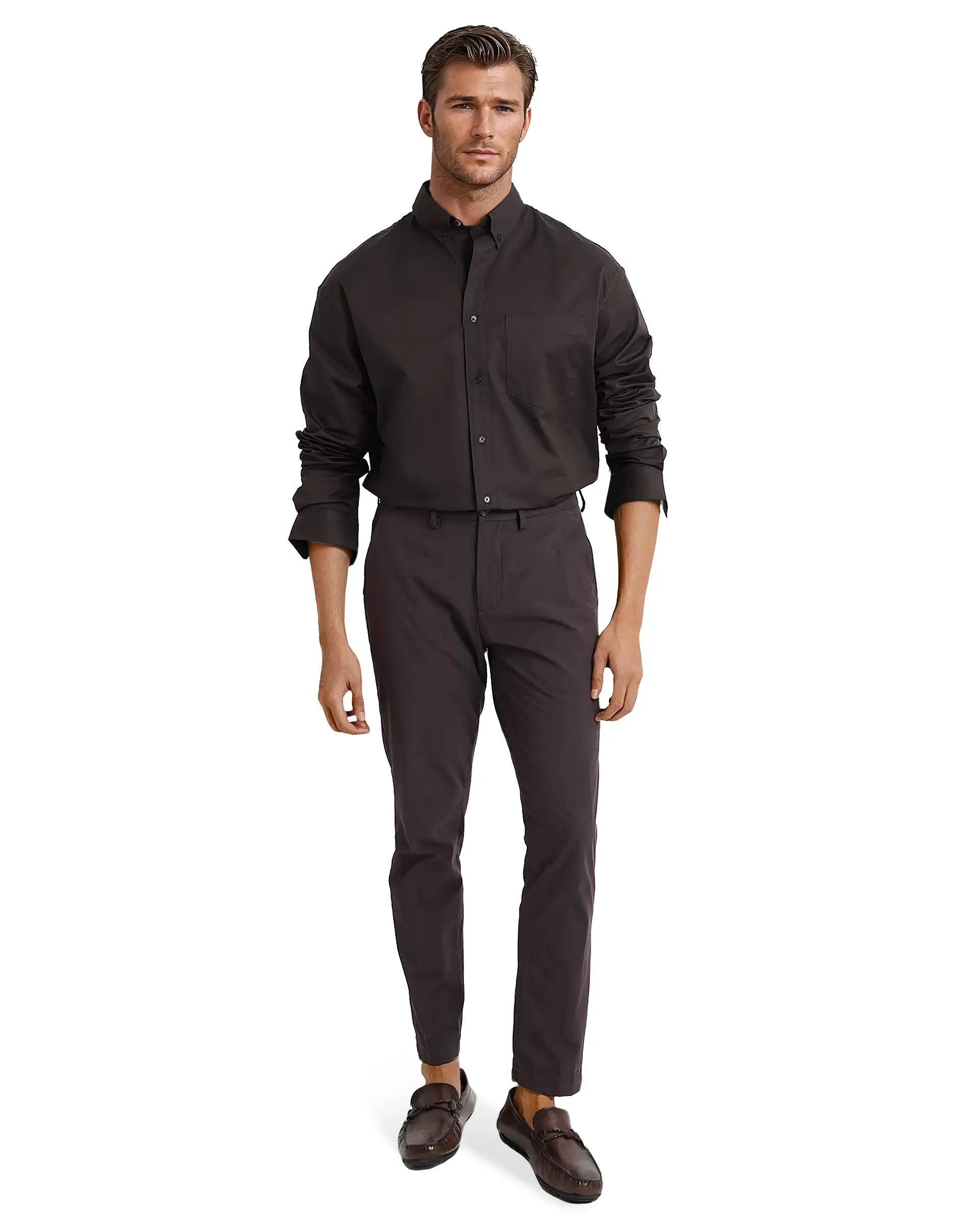 Rare Rabbit Men's Zord Dark Brown Cotton Lycra Fabric Full Sleeves Button Down Collar Boxy Fit Plain Shirt