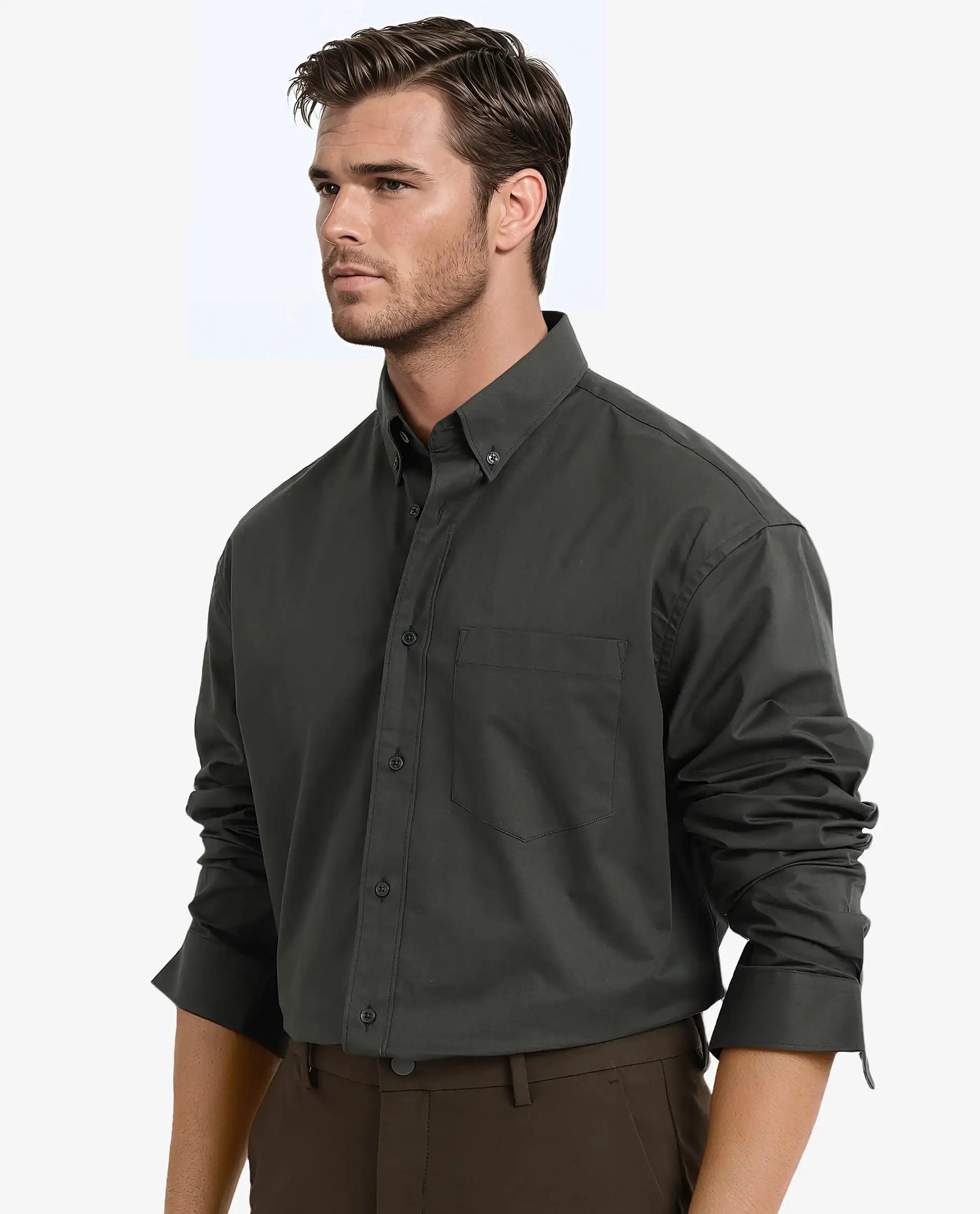 Rare Rabbit Men's Zord Dark Olive Cotton Lycra Fabric Full Sleeves Button Down Collar Boxy Fit Plain Shirt