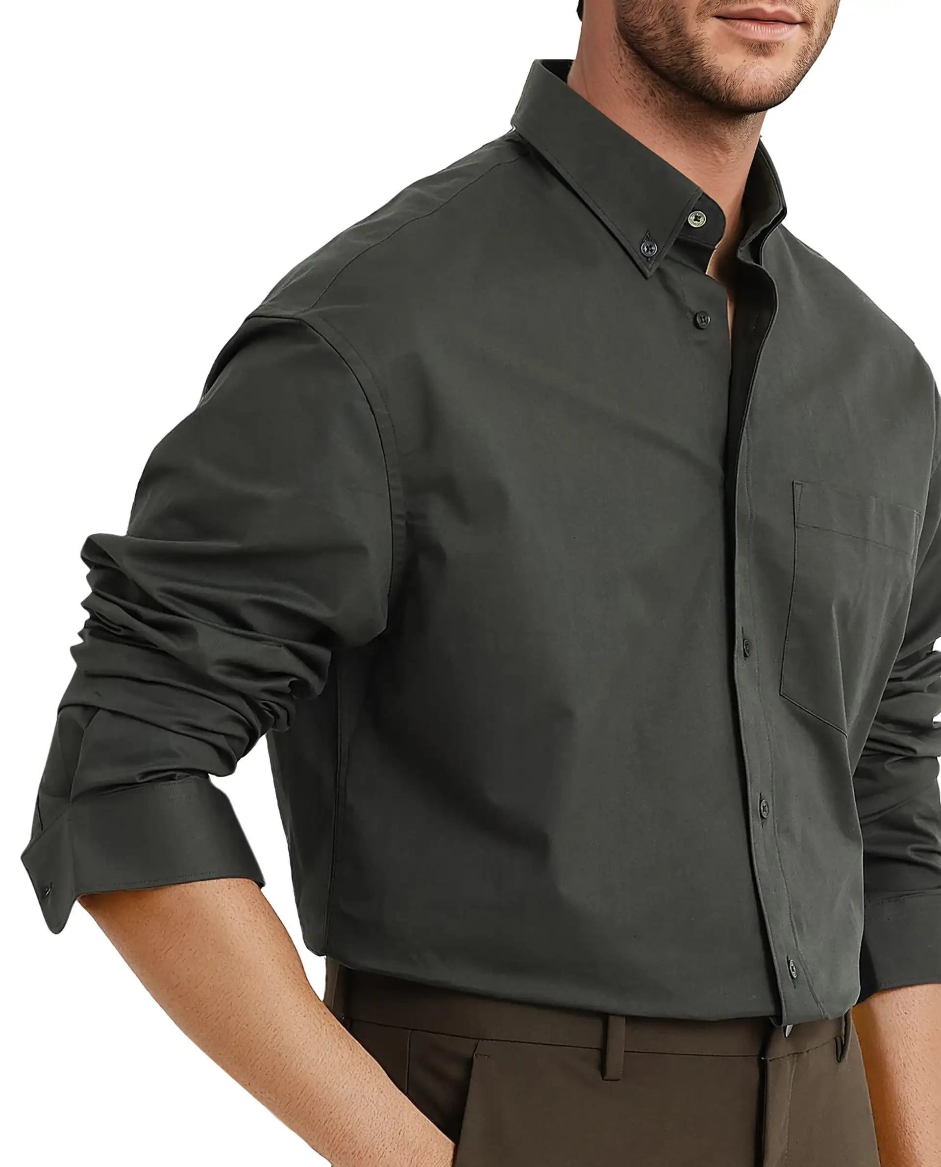 Rare Rabbit Men's Zord Dark Olive Cotton Lycra Fabric Full Sleeves Button Down Collar Boxy Fit Plain Shirt
