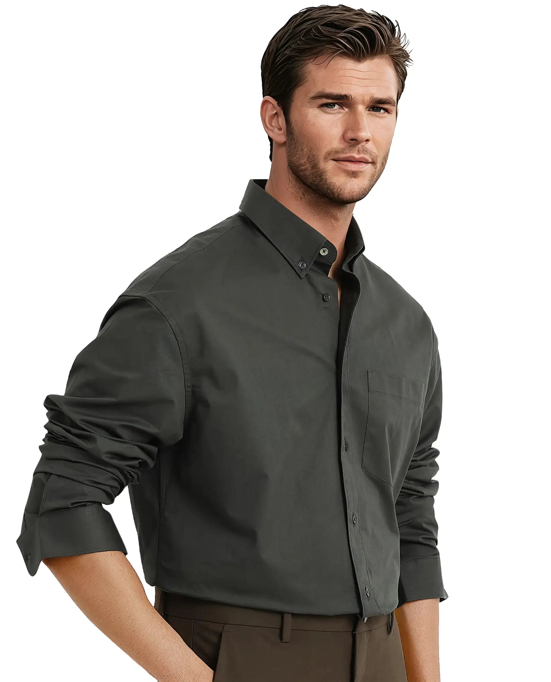 Rare Rabbit Men's Zord Dark Olive Cotton Lycra Fabric Full Sleeves Button Down Collar Boxy Fit Plain Shirt