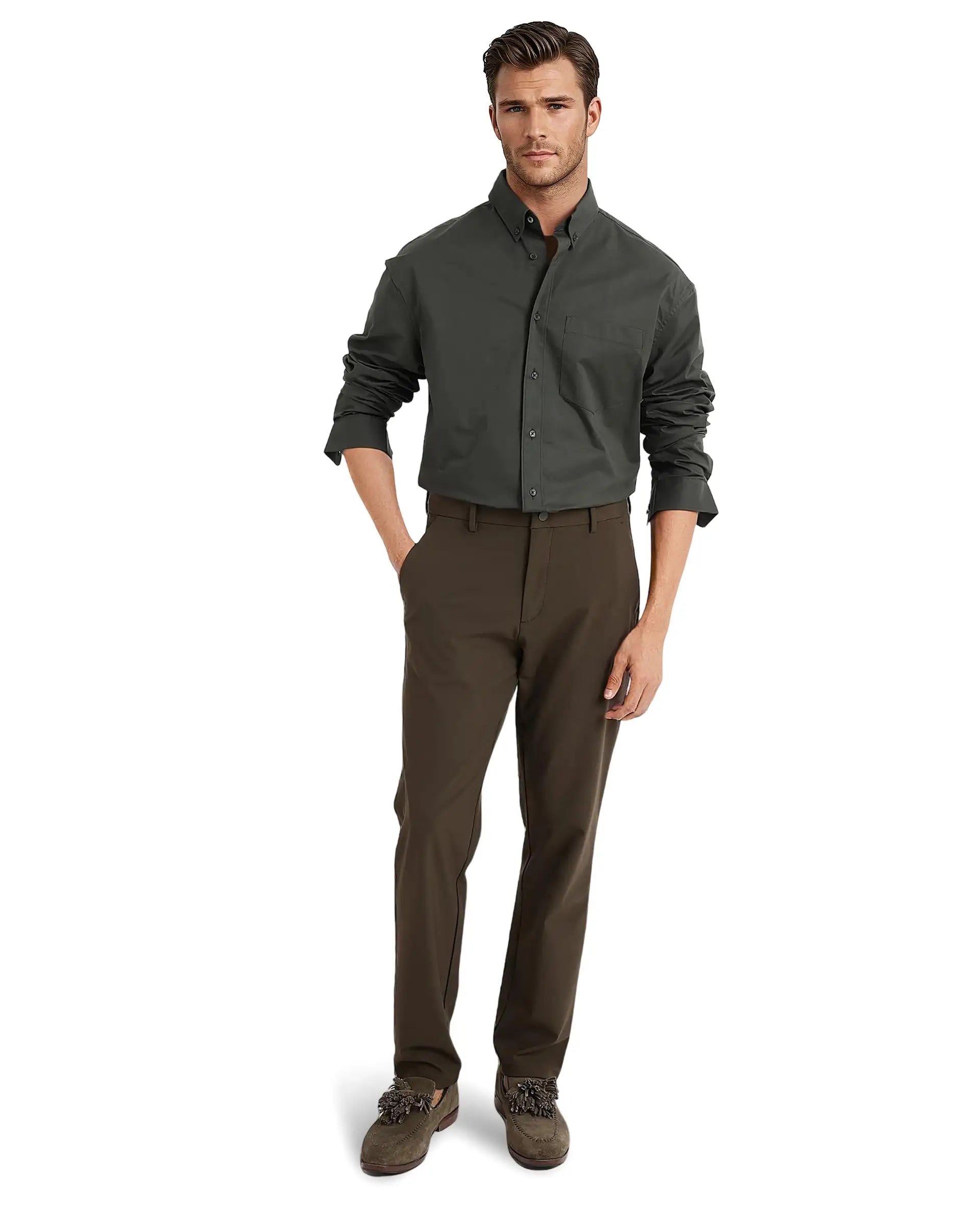 Rare Rabbit Men's Zord Dark Olive Cotton Lycra Fabric Full Sleeves Button Down Collar Boxy Fit Plain Shirt