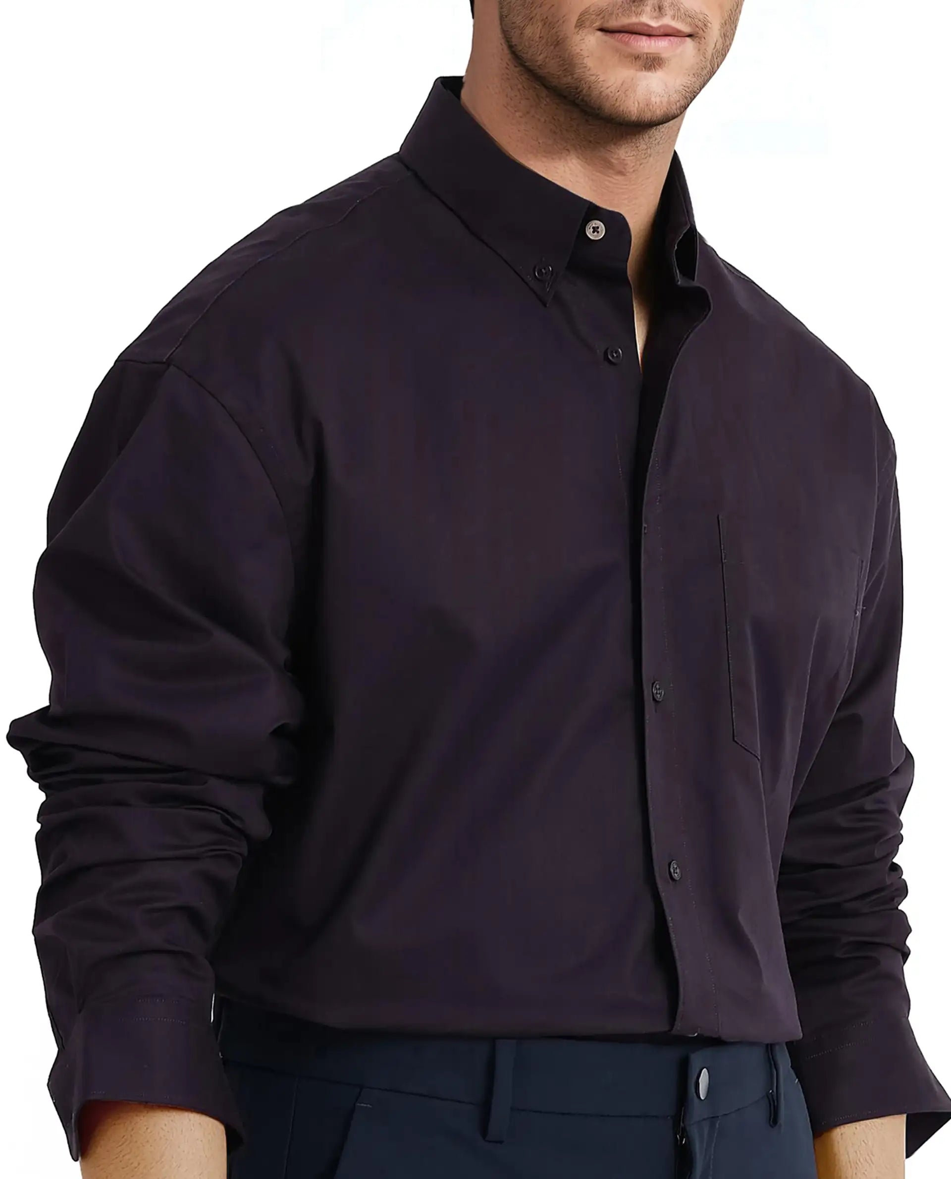 Rare Rabbit Men's Zord Dark Purple Cotton Lycra Fabric Full Sleeves Button Down Collar Boxy Fit Plain Shirt