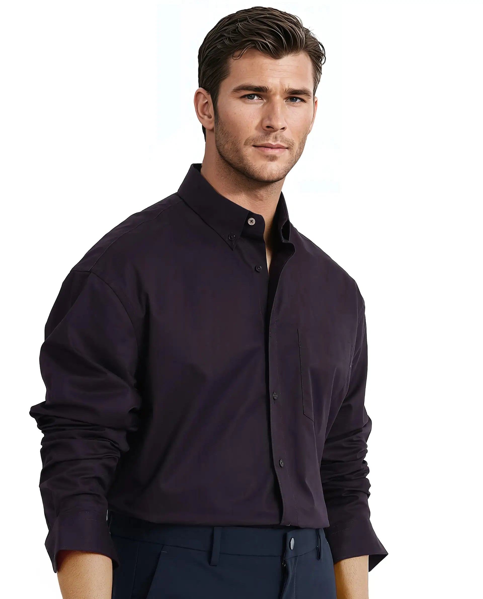 Rare Rabbit Men's Zord Dark Purple Cotton Lycra Fabric Full Sleeves Button Down Collar Boxy Fit Plain Shirt