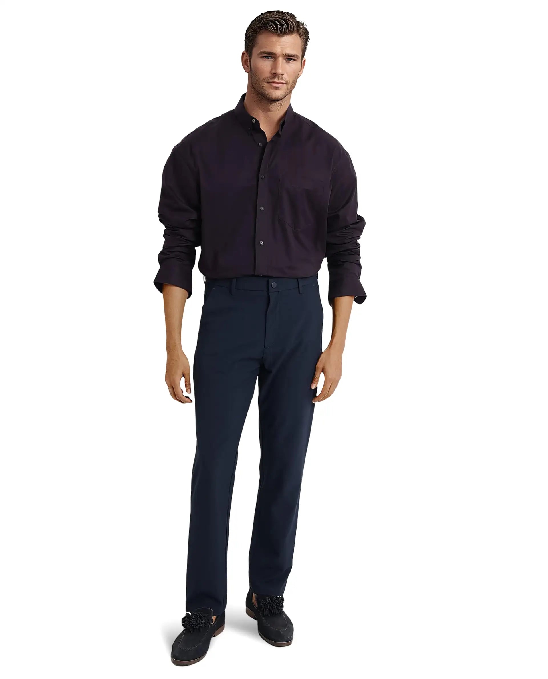 Rare Rabbit Men's Zord Dark Purple Cotton Lycra Fabric Full Sleeves Button Down Collar Boxy Fit Plain Shirt