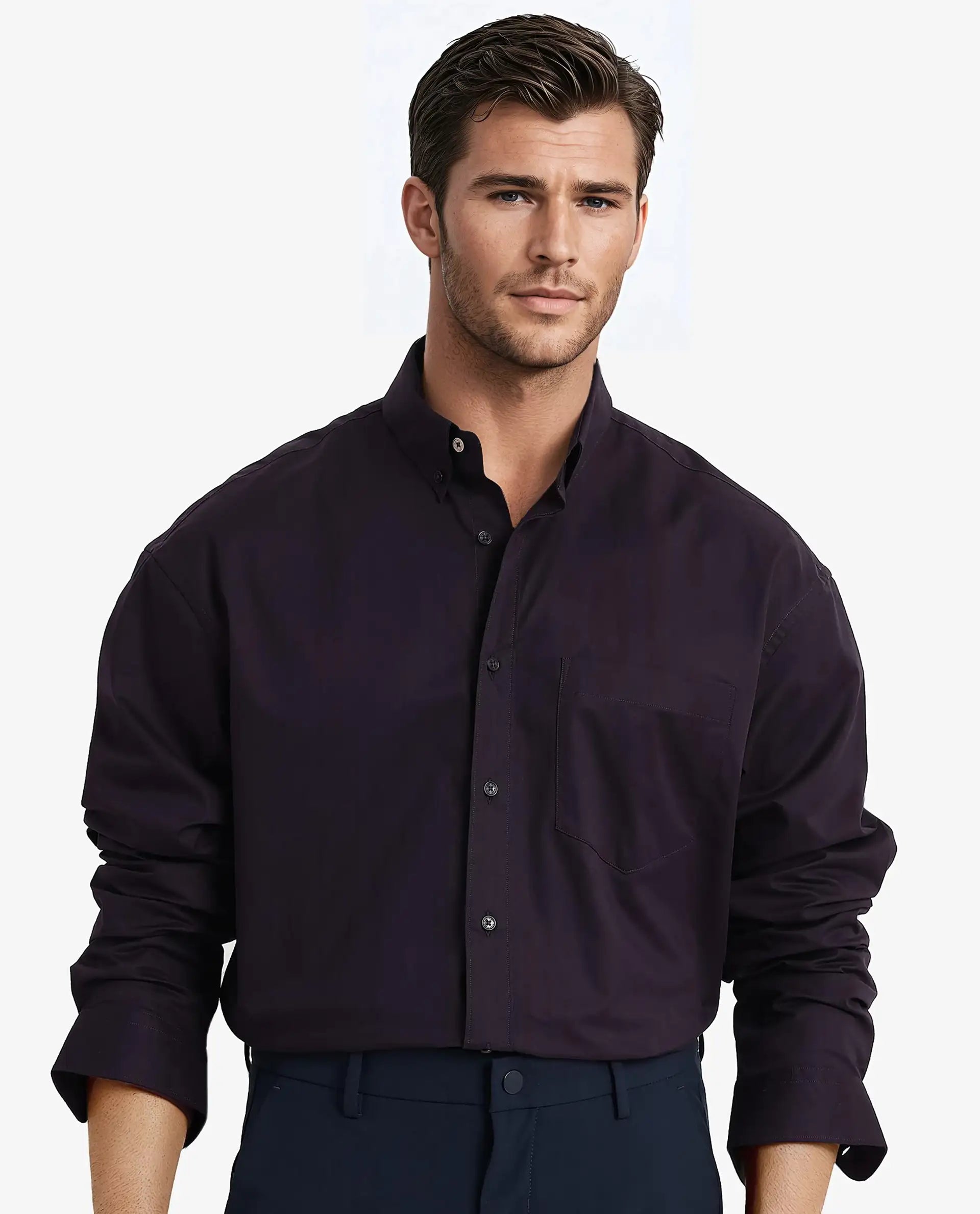 Rare Rabbit Men's Zord Dark Purple Cotton Lycra Fabric Full Sleeves Button Down Collar Boxy Fit Plain Shirt