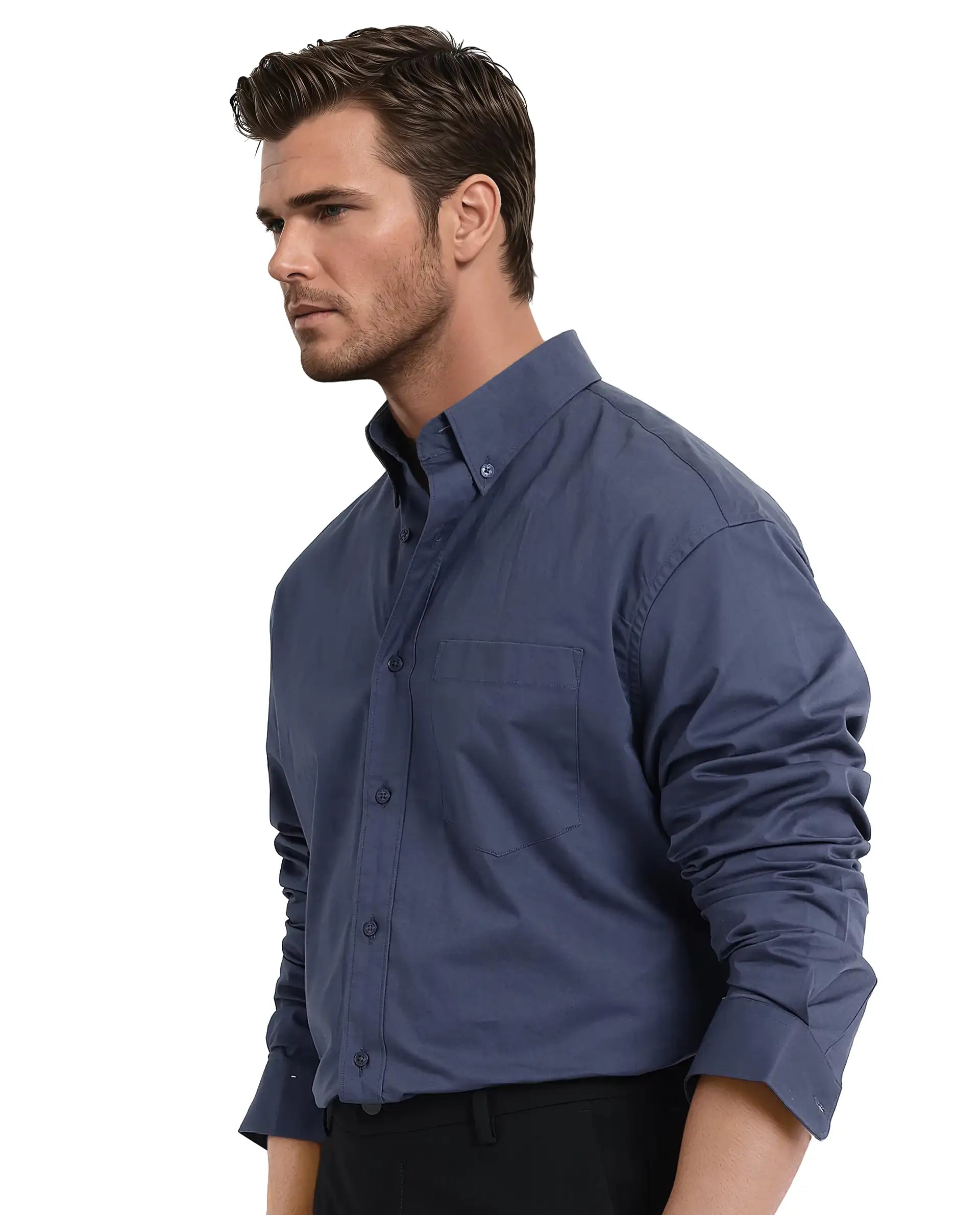 Rare Rabbit Men's Zord Dusky Blue Cotton Lycra Fabric Full Sleeves Button Down Collar Boxy Fit Plain Shirt