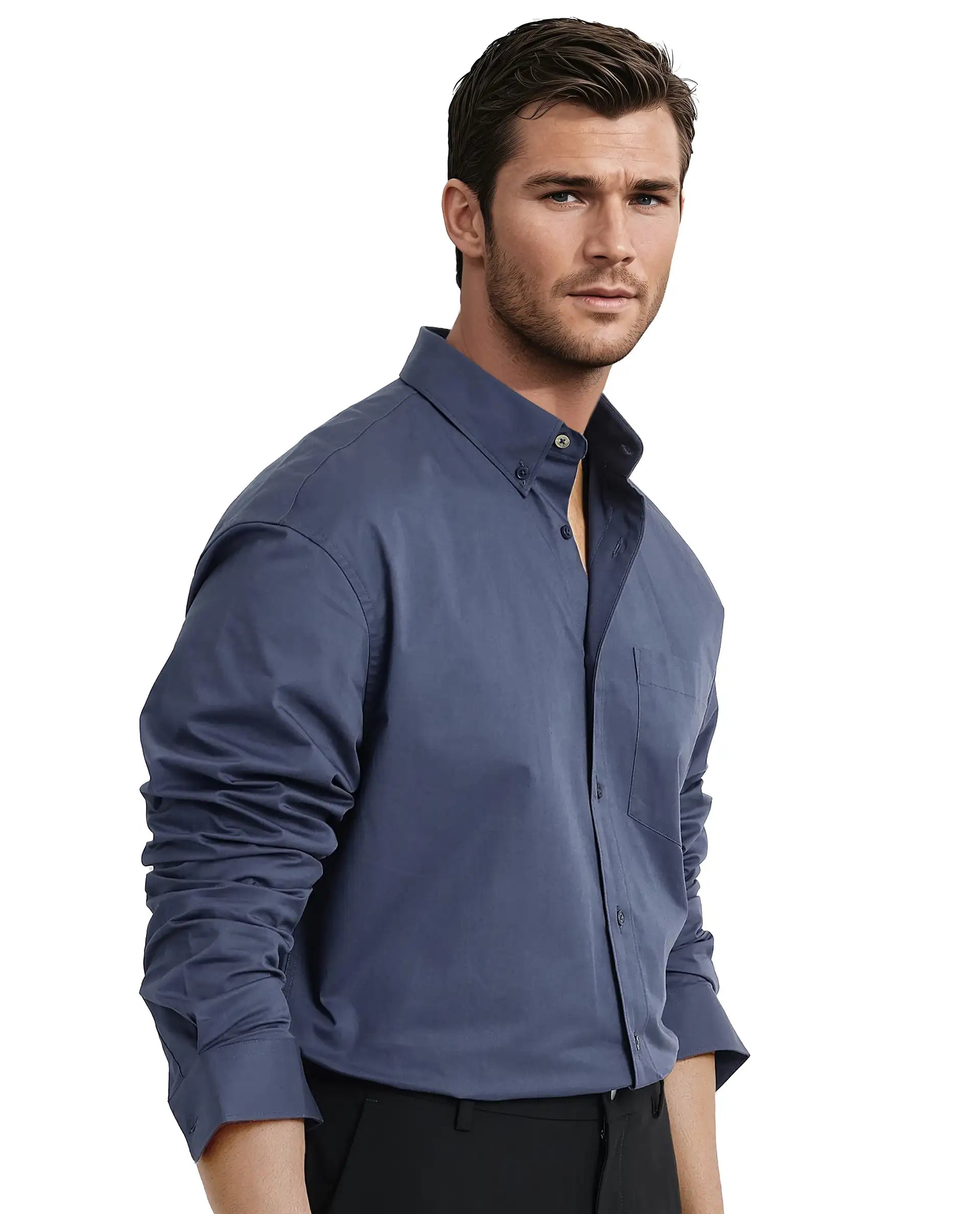 Rare Rabbit Men's Zord Dusky Blue Cotton Lycra Fabric Full Sleeves Button Down Collar Boxy Fit Plain Shirt