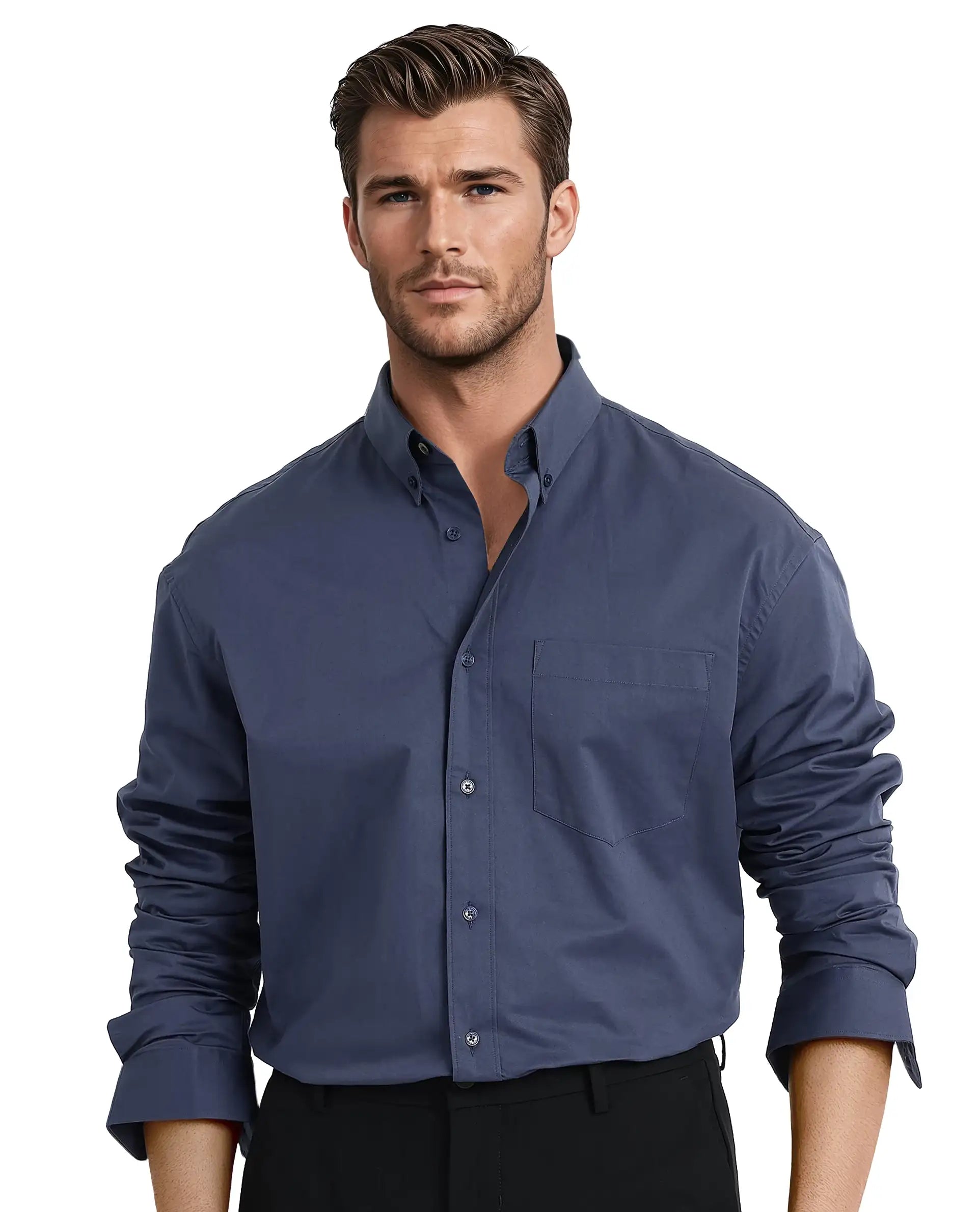 Rare Rabbit Men's Zord Dusky Blue Cotton Lycra Fabric Full Sleeves Button Down Collar Boxy Fit Plain Shirt