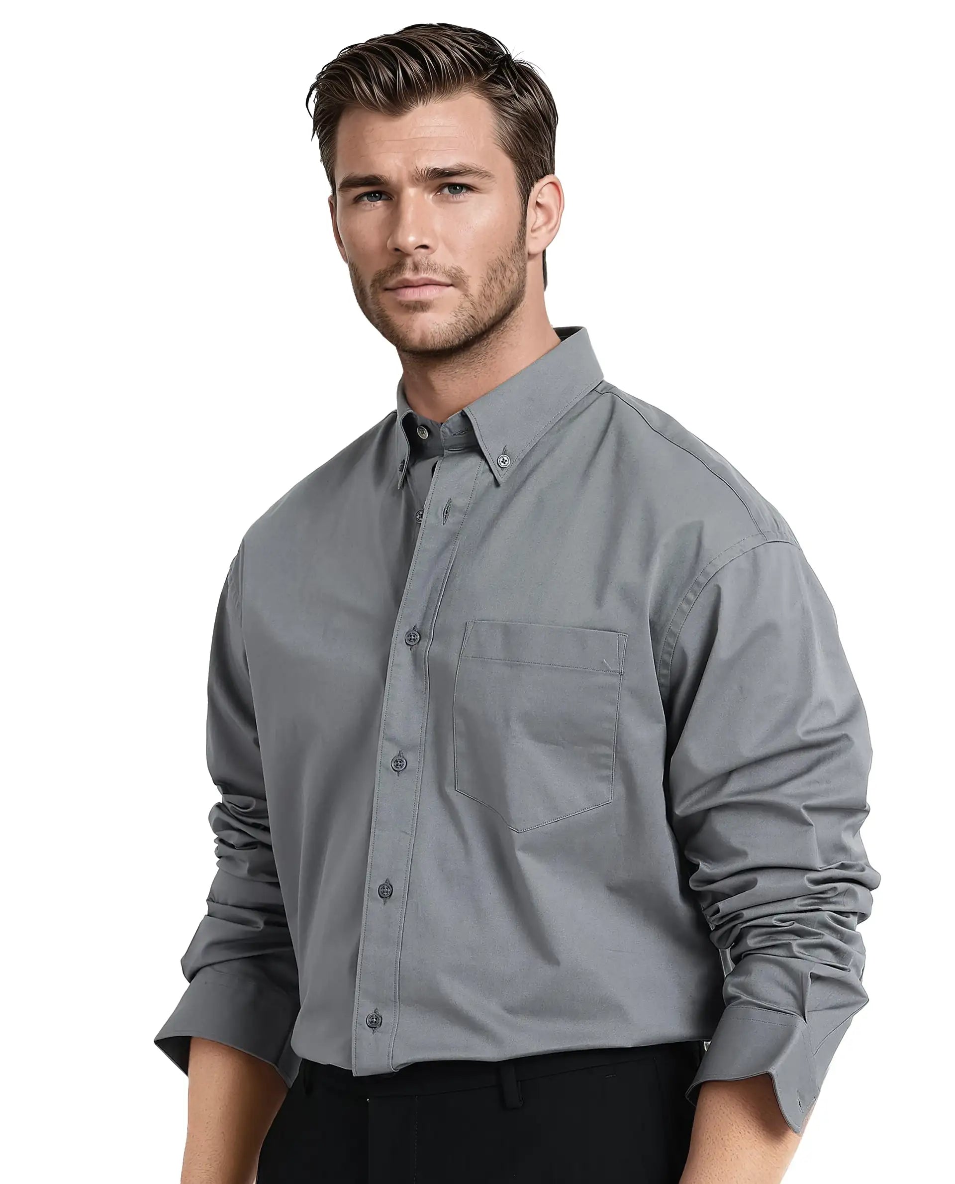 Rare Rabbit Men's Zord Grey Cotton Fabric Full Sleeves Collared Neck Plain Boxy Fit Shirt