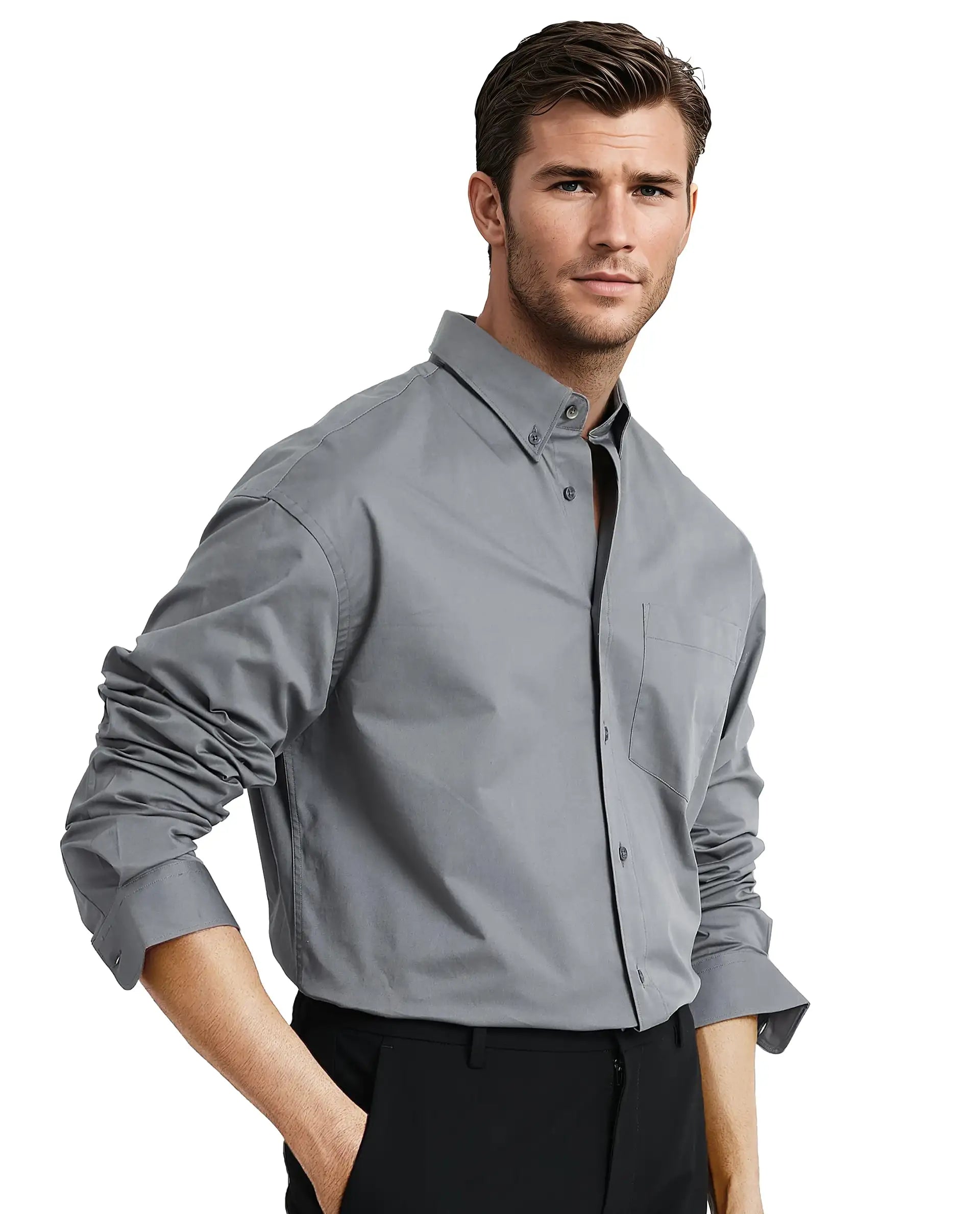 Rare Rabbit Men's Zord Grey Cotton Fabric Full Sleeves Collared Neck Plain Boxy Fit Shirt