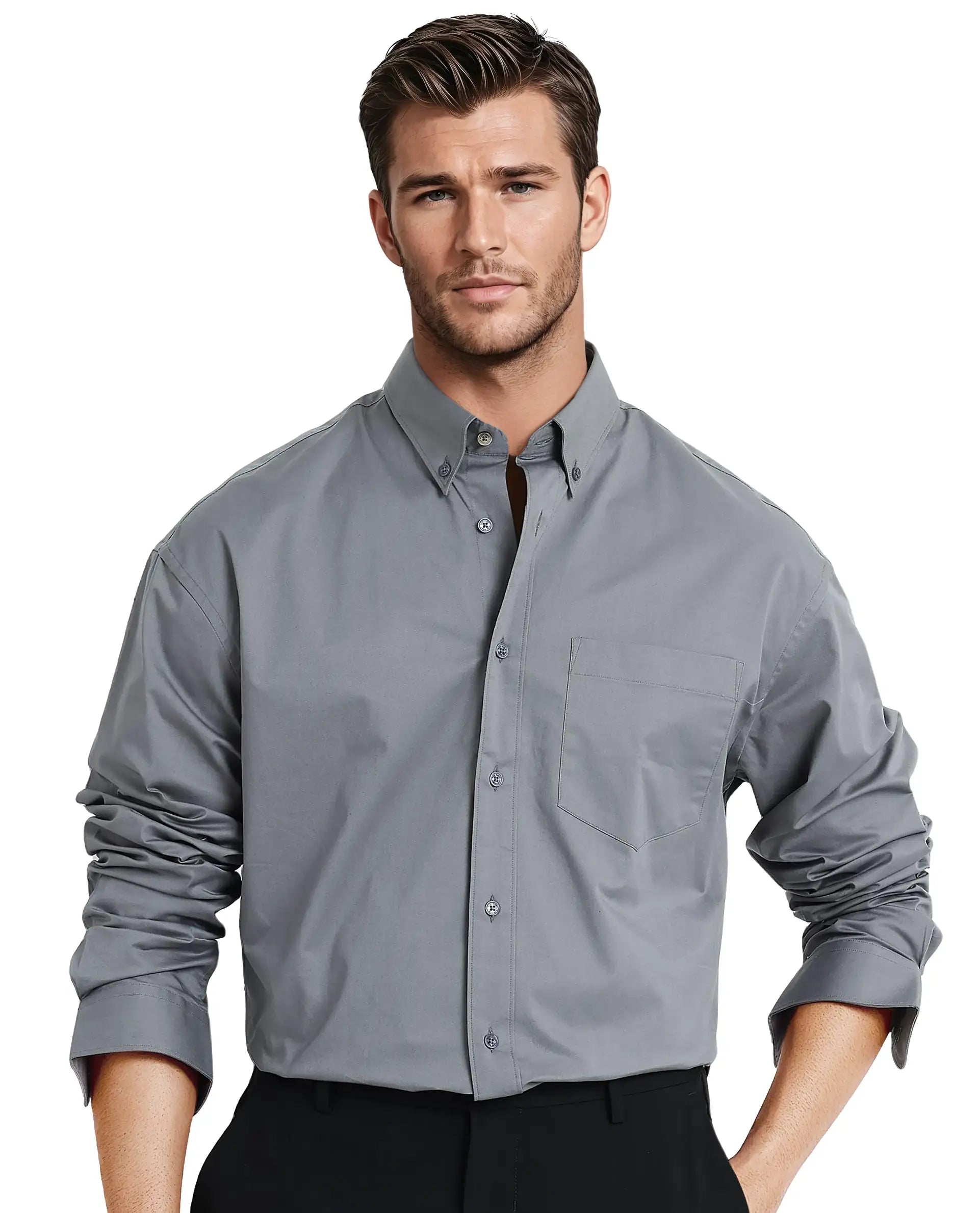 Rare Rabbit Men's Zord Grey Cotton Fabric Full Sleeves Collared Neck Plain Boxy Fit Shirt