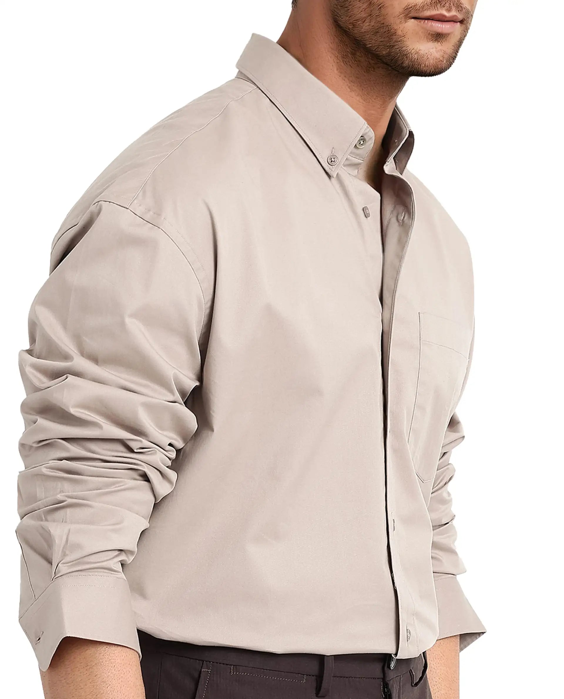 Rare Rabbit Men's Zord Light Beige Cotton Lycra Fabric Full Sleeves Button Down Collar Boxy Fit Plain Shirt