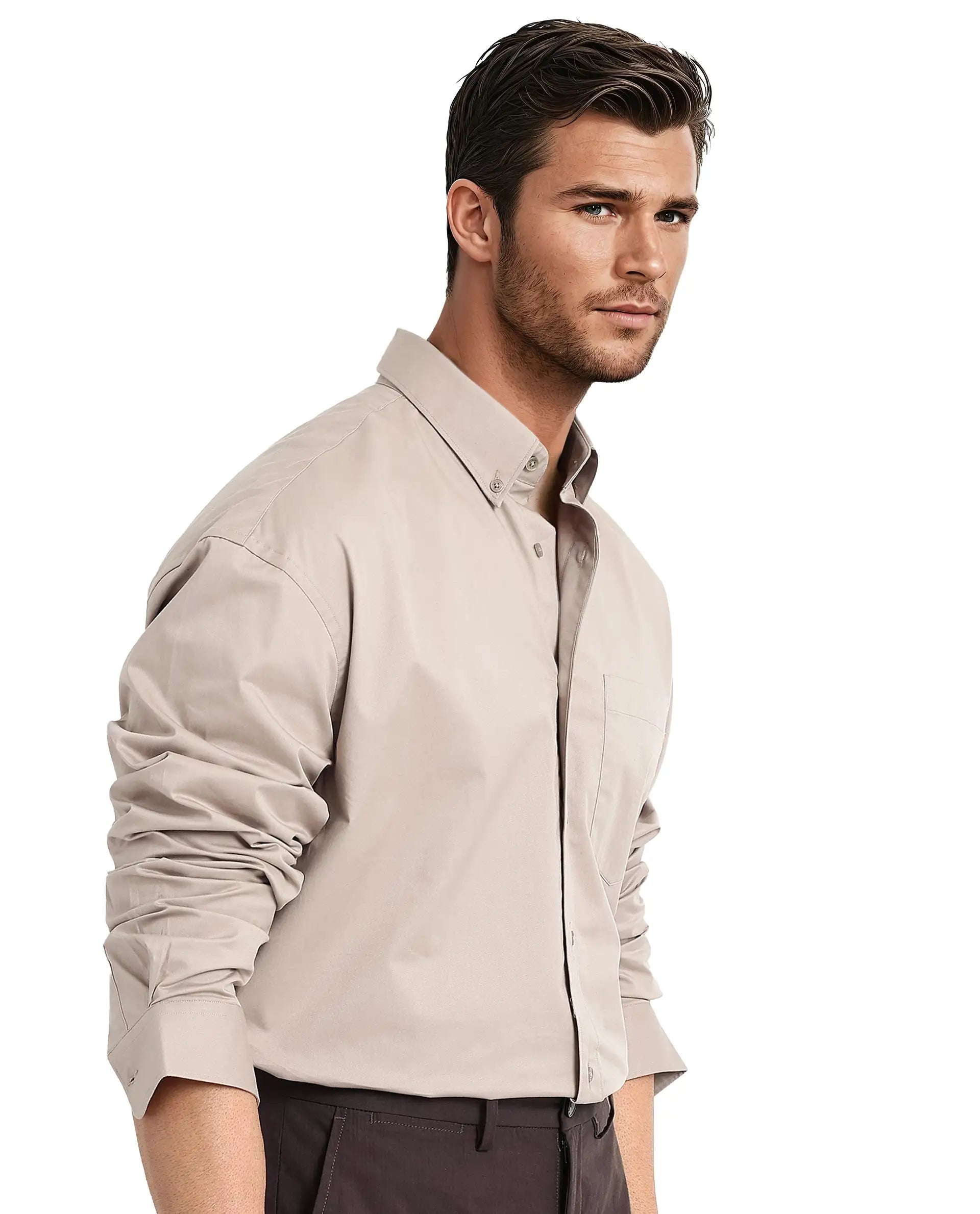 Rare Rabbit Men's Zord Light Beige Cotton Lycra Fabric Full Sleeves Button Down Collar Boxy Fit Plain Shirt