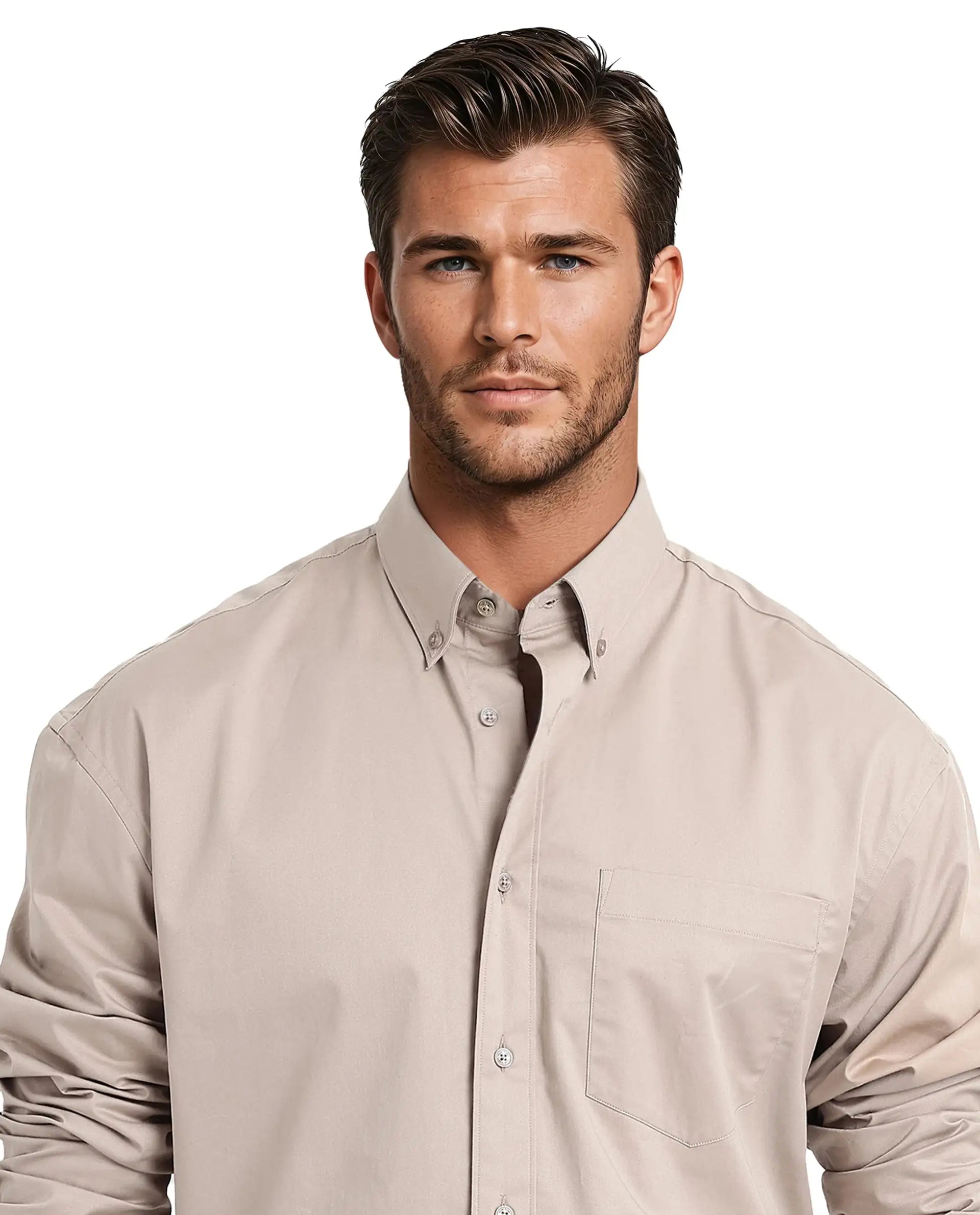 Rare Rabbit Men's Zord Light Beige Cotton Lycra Fabric Full Sleeves Button Down Collar Boxy Fit Plain Shirt