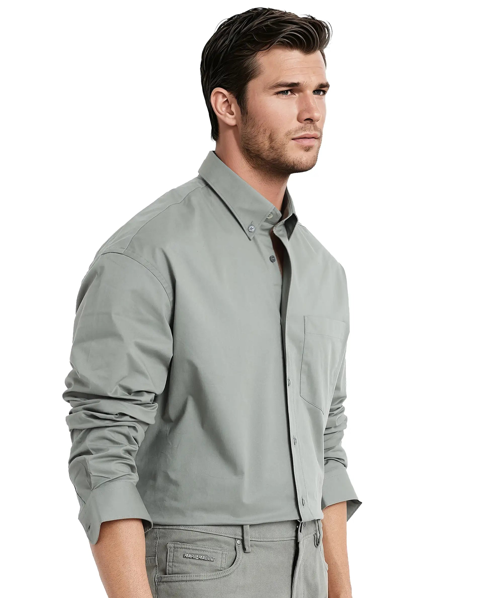 Rare Rabbit Men's Zord Green Cotton Lycra Fabric Full Sleeves Button Down Collar Boxy Fit Plain Shirt