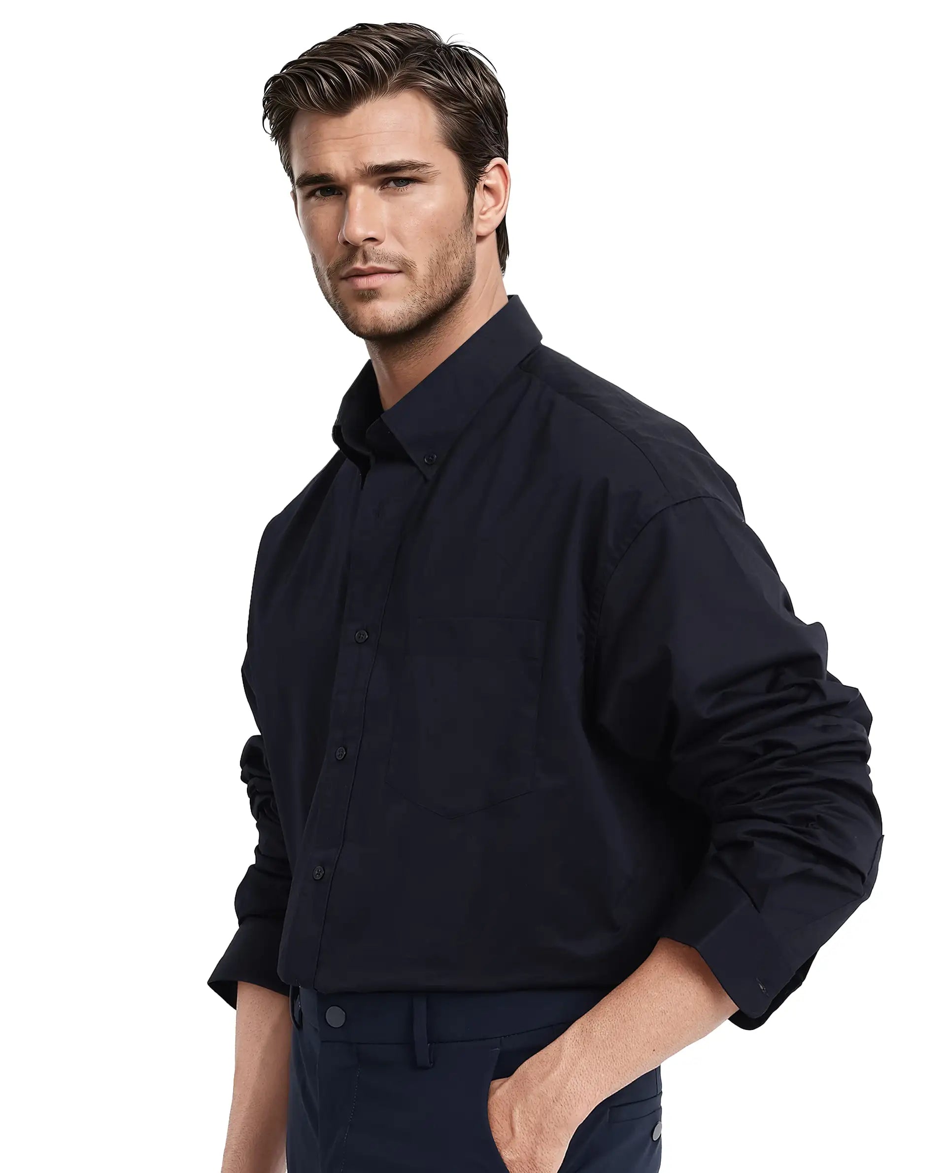Rare Rabbit Men's Zord Navy Cotton Lycra Fabric Full Sleeves Button Down Collar Boxy Fit Plain Shirt