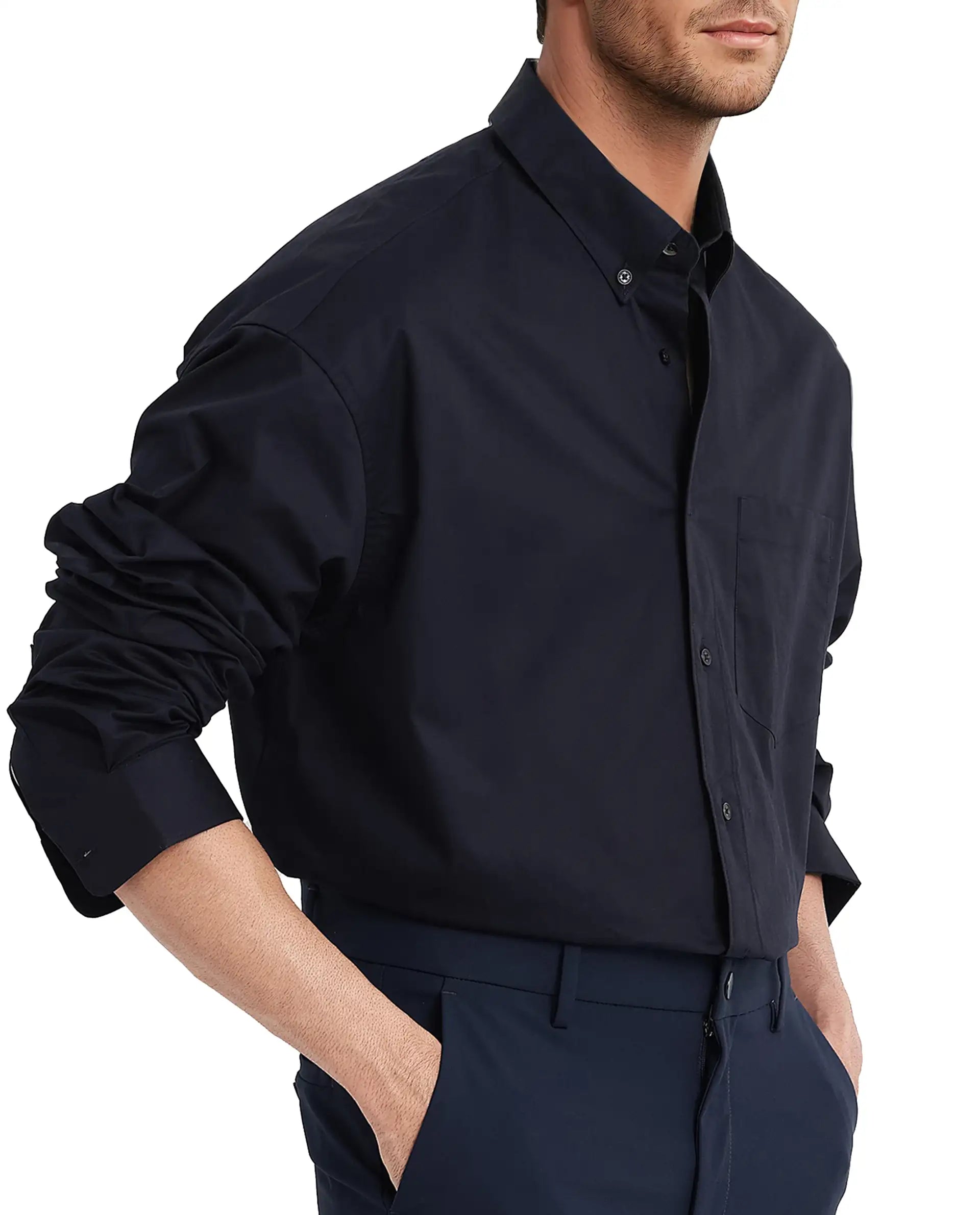 Rare Rabbit Men's Zord Navy Cotton Lycra Fabric Full Sleeves Button Down Collar Boxy Fit Plain Shirt