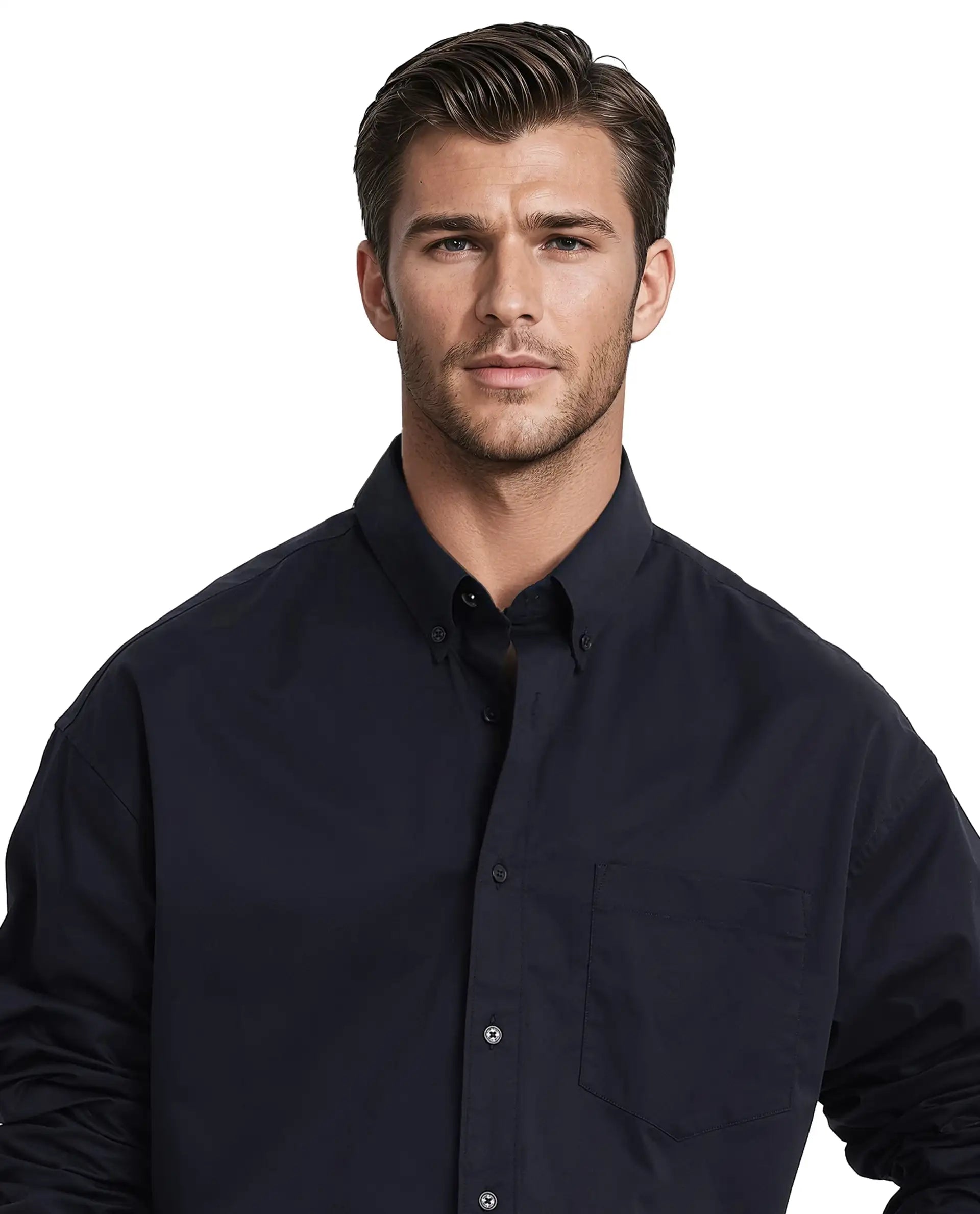 Rare Rabbit Men's Zord Navy Cotton Lycra Fabric Full Sleeves Button Down Collar Boxy Fit Plain Shirt