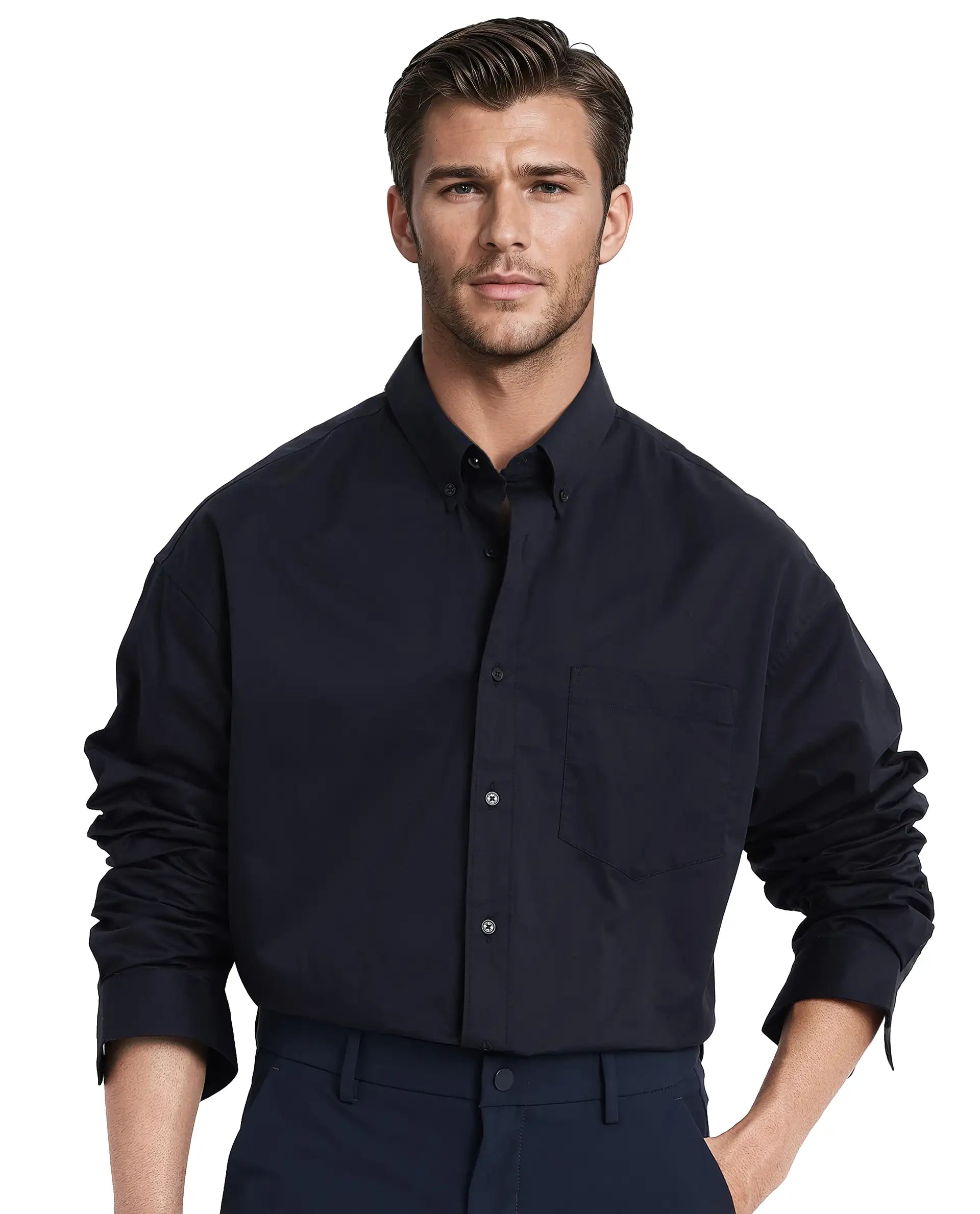 Rare Rabbit Men's Zord Navy Cotton Lycra Fabric Full Sleeves Button Down Collar Boxy Fit Plain Shirt