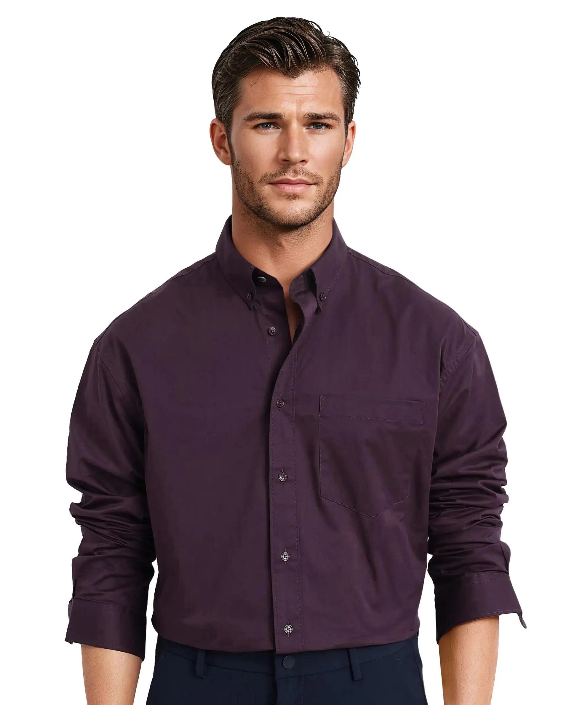 Rare Rabbit Men's Zord Purple Cotton Lycra Fabric Full Sleeves Button Down Collar Boxy Fit Plain Shirt