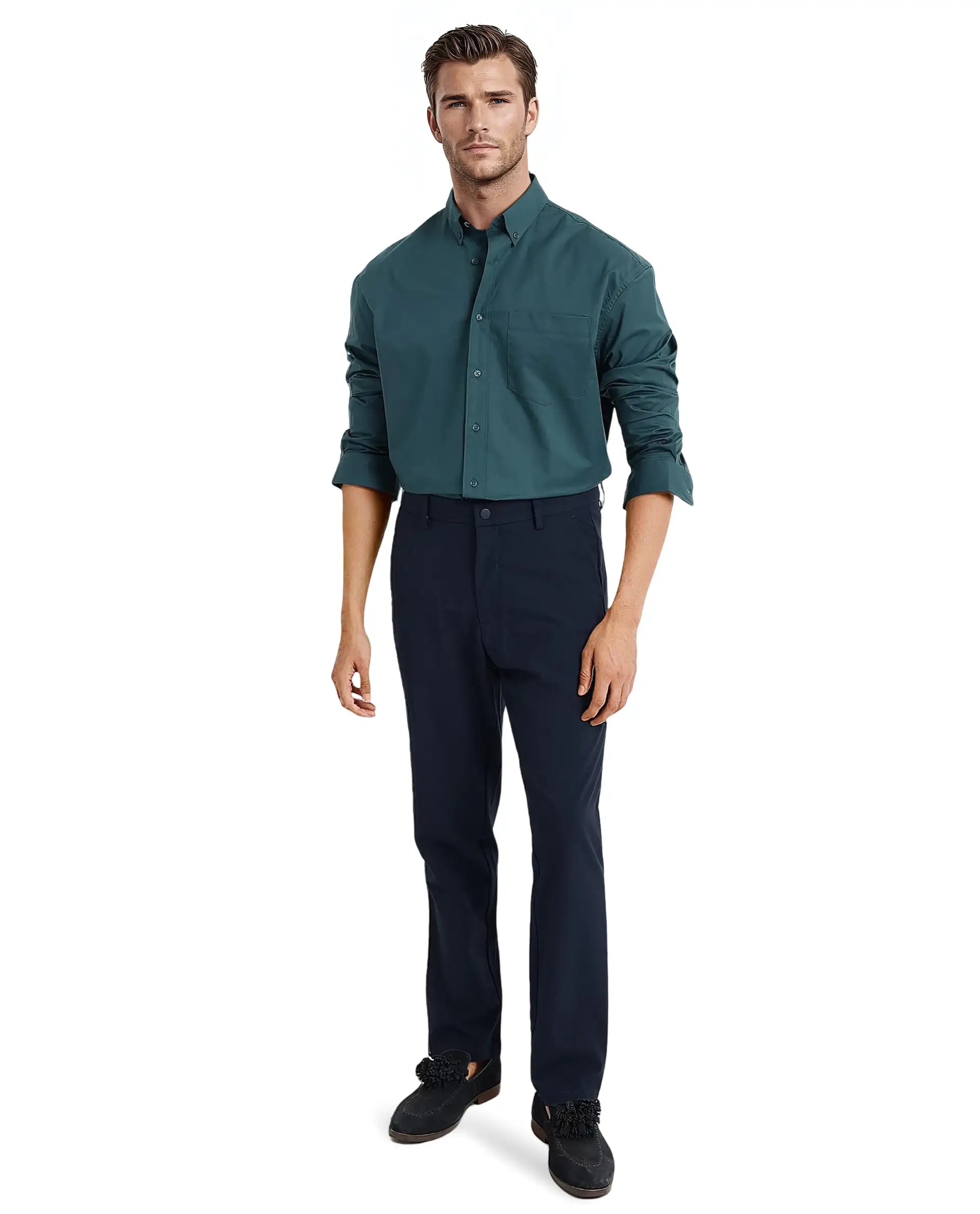 Rare Rabbit Men's Zord Teal Cotton Lycra Fabric Full Sleeves Button Down Collar Boxy Fit Plain Shirt