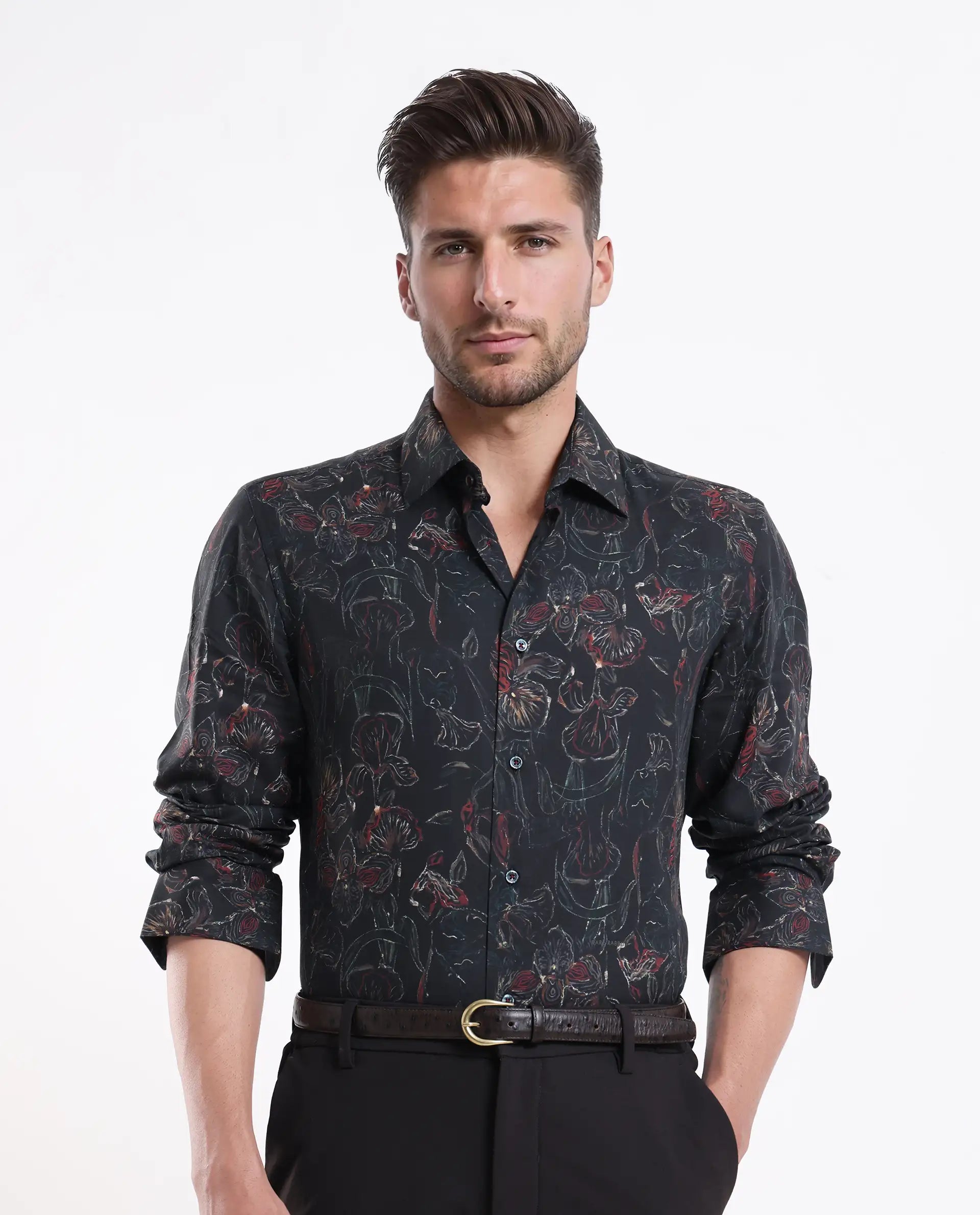 Rare Rabbit Men's Zoric Black Cotton Blend Fabric Full Sleeve Collared Neck Floral Print Shirt