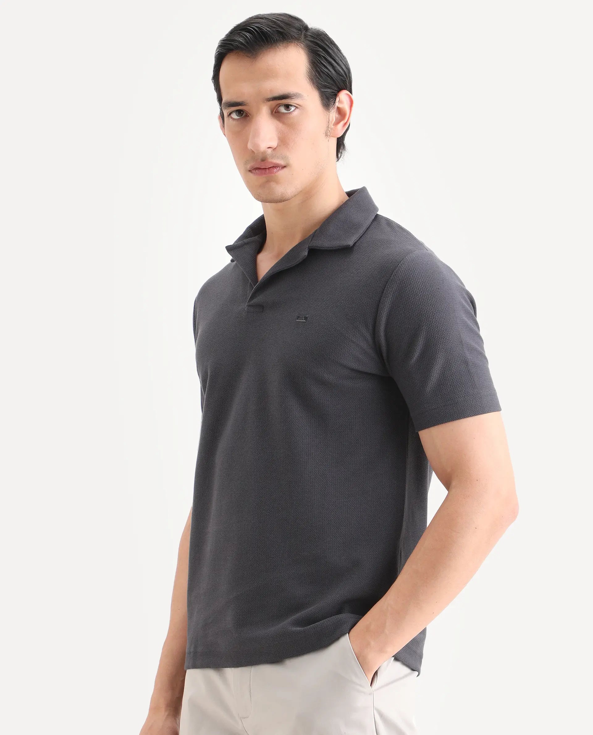 Rare Rabbit Men's Zorv-S26 Dark Grey Cotton Fabric Half Sleeve Cuban Collar Regular Fit Textured Polo