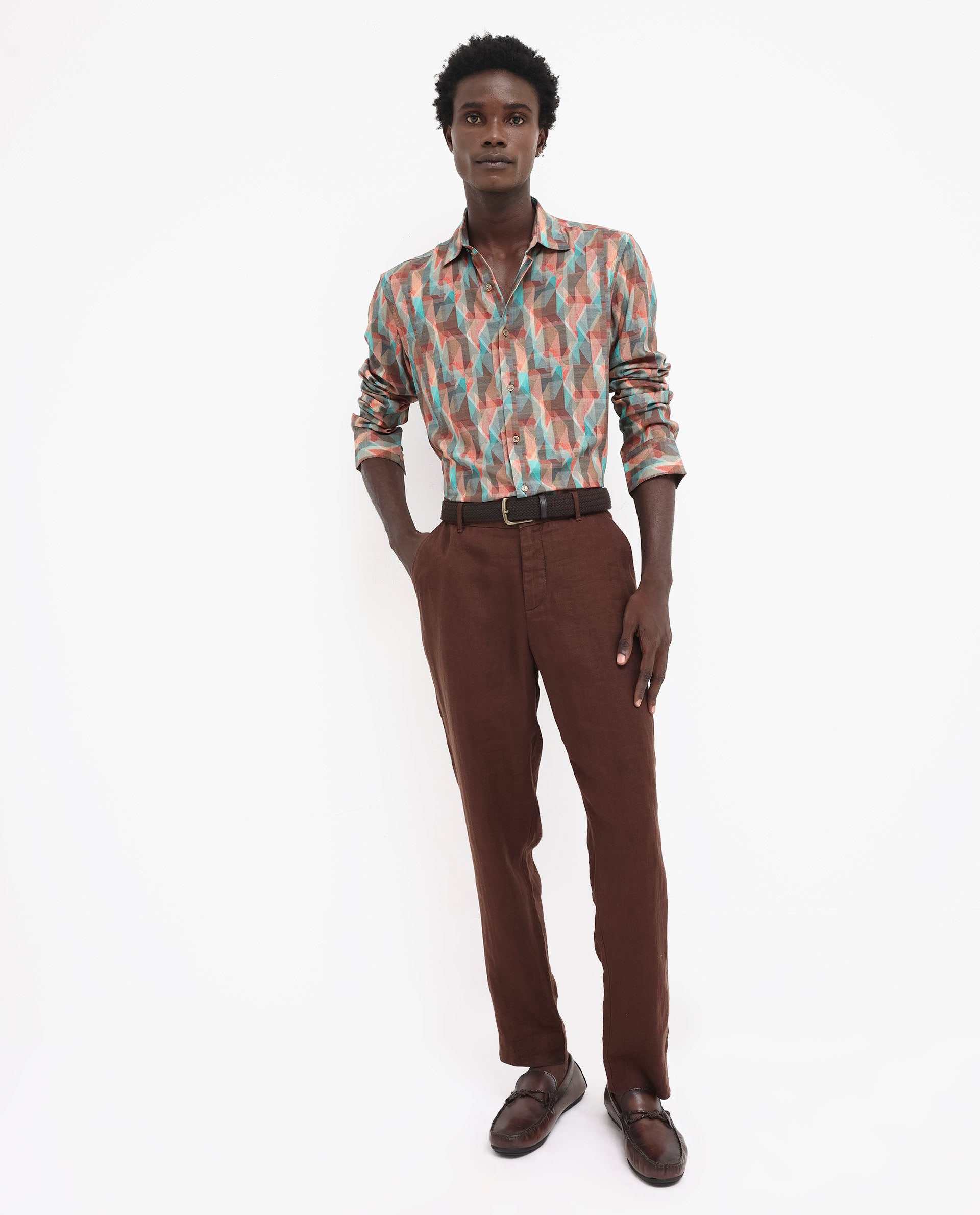 Rare Rabbit Men's Zosma Brown Viscose Fabric Full Sleeve Regular Fit Geometric Print Shirt