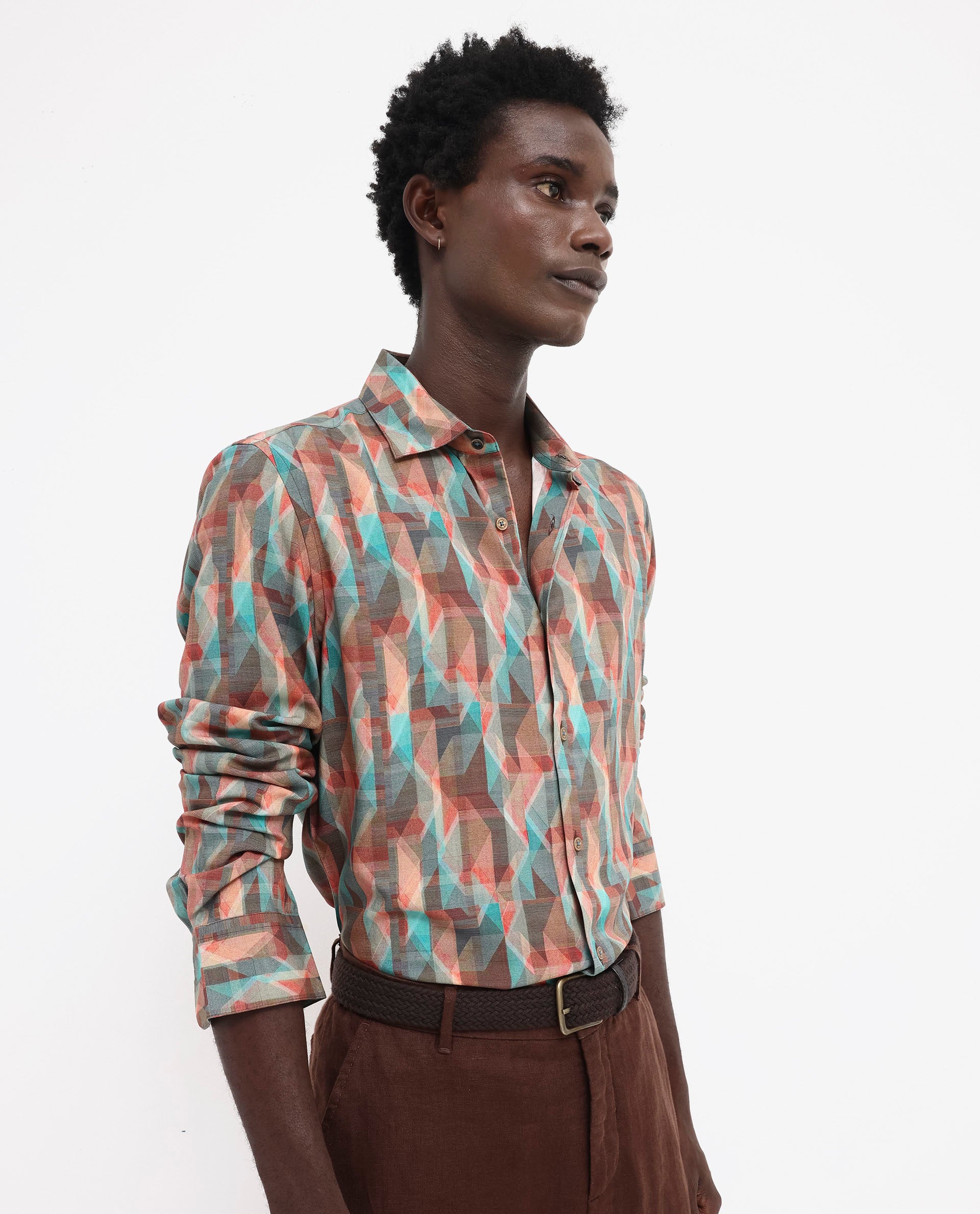 Rare Rabbit Men's Zosma Brown Viscose Fabric Full Sleeve Regular Fit Geometric Print Shirt