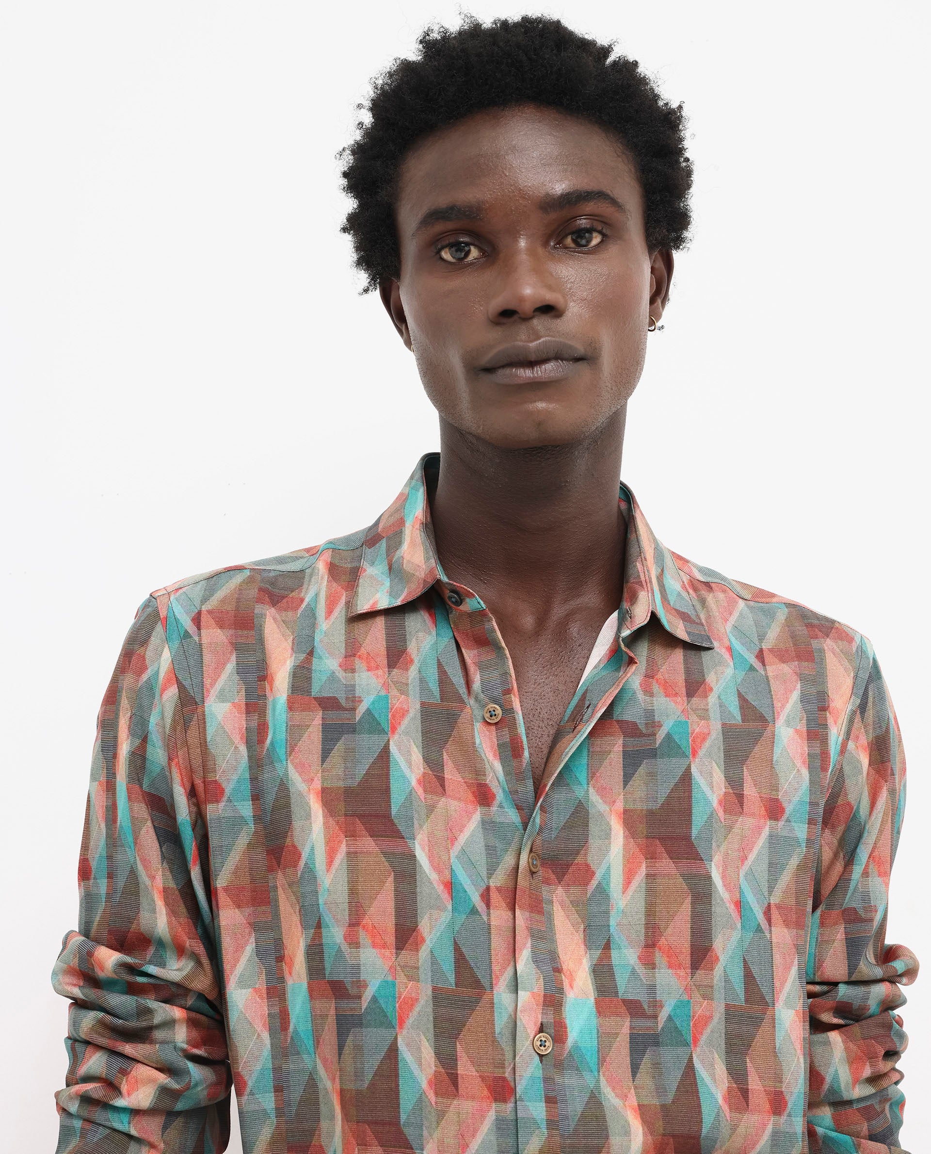 Rare Rabbit Men's Zosma Brown Viscose Fabric Full Sleeve Regular Fit Geometric Print Shirt