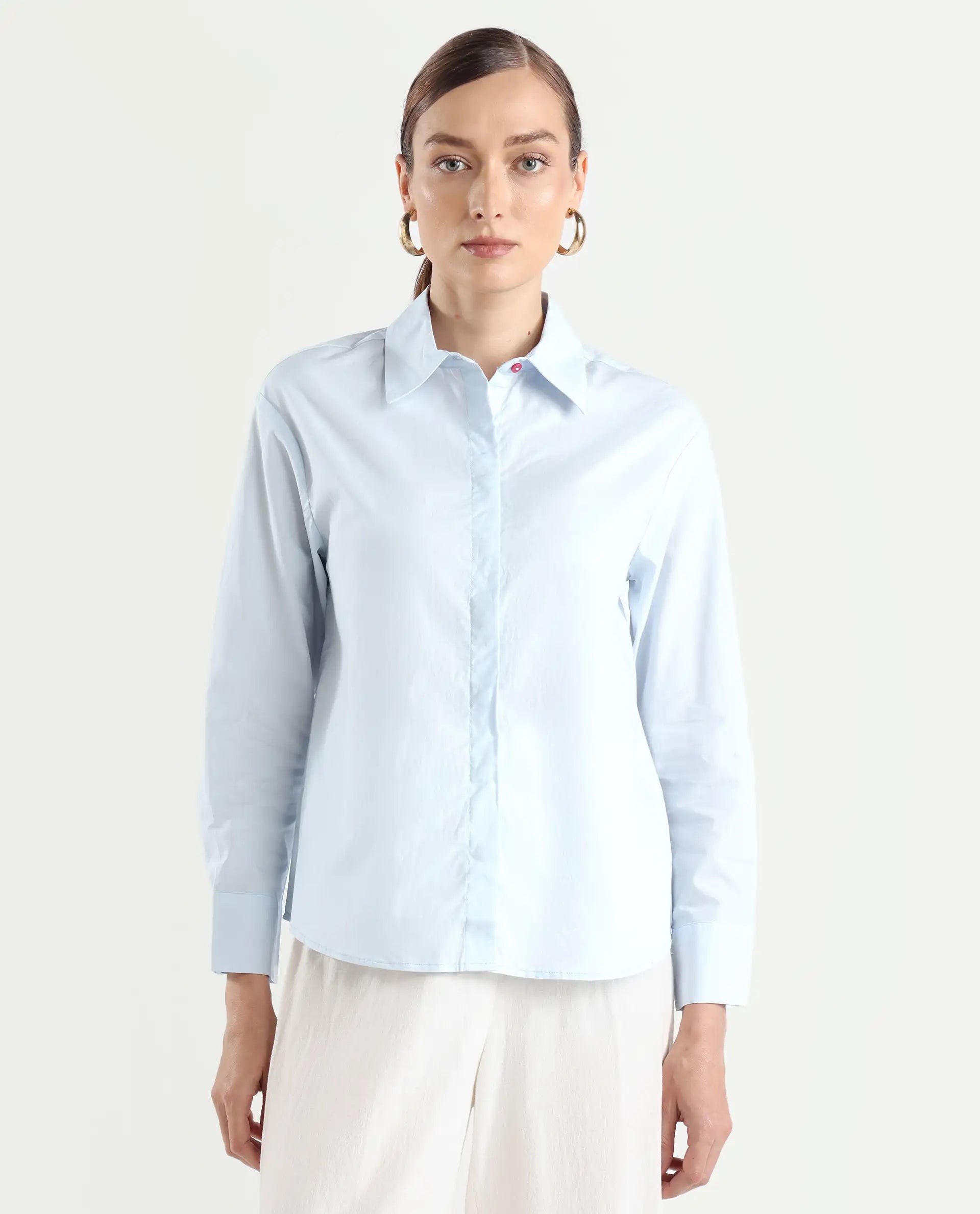 Rareism Women's Zquib Grey Cotton Spread Collar Graphic Print Cuffed Sleeve Regular Fit Shirt