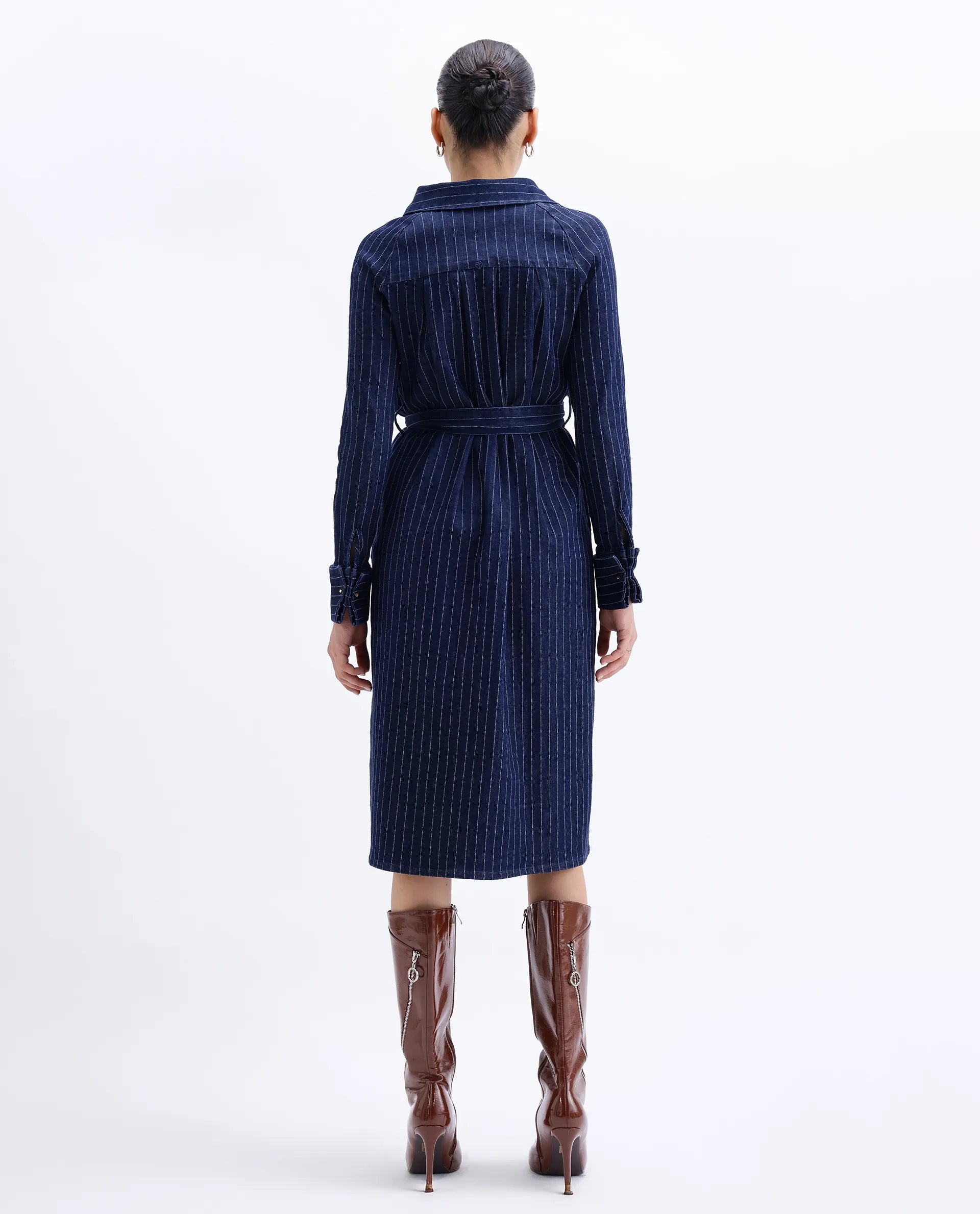 Rareism Women's Zrum Dark Blue Cotton Blend Drop Collar Striped Cuffed Sleeve Midi Boxy Fit Dress