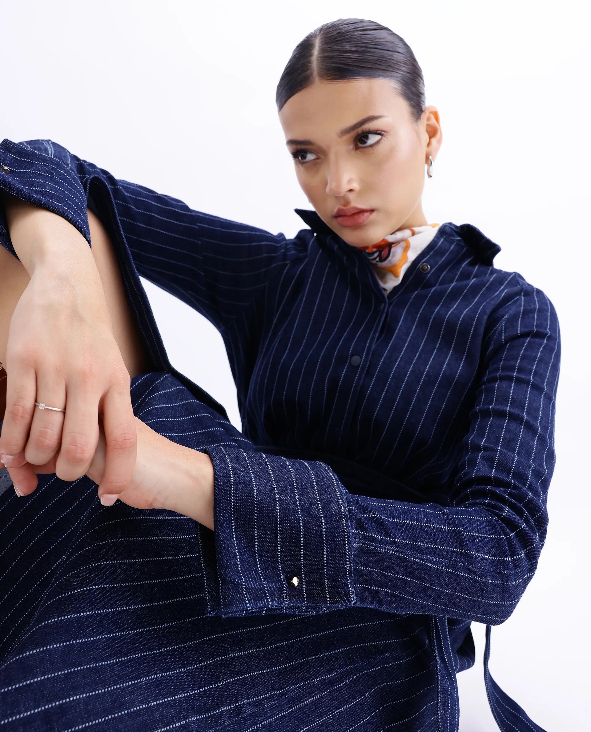 Rareism Women's Zrum Dark Blue Cotton Blend Drop Collar Striped Cuffed Sleeve Midi Boxy Fit Dress