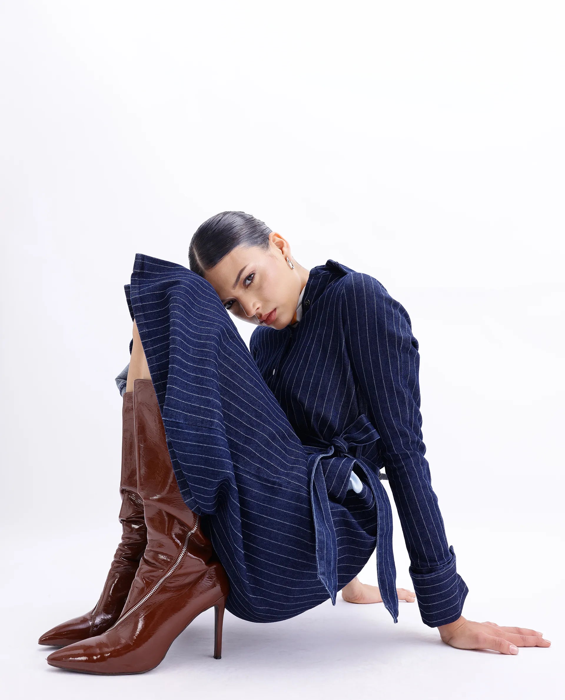 Rareism Women's Zrum Dark Blue Cotton Blend Drop Collar Striped Cuffed Sleeve Midi Boxy Fit Dress