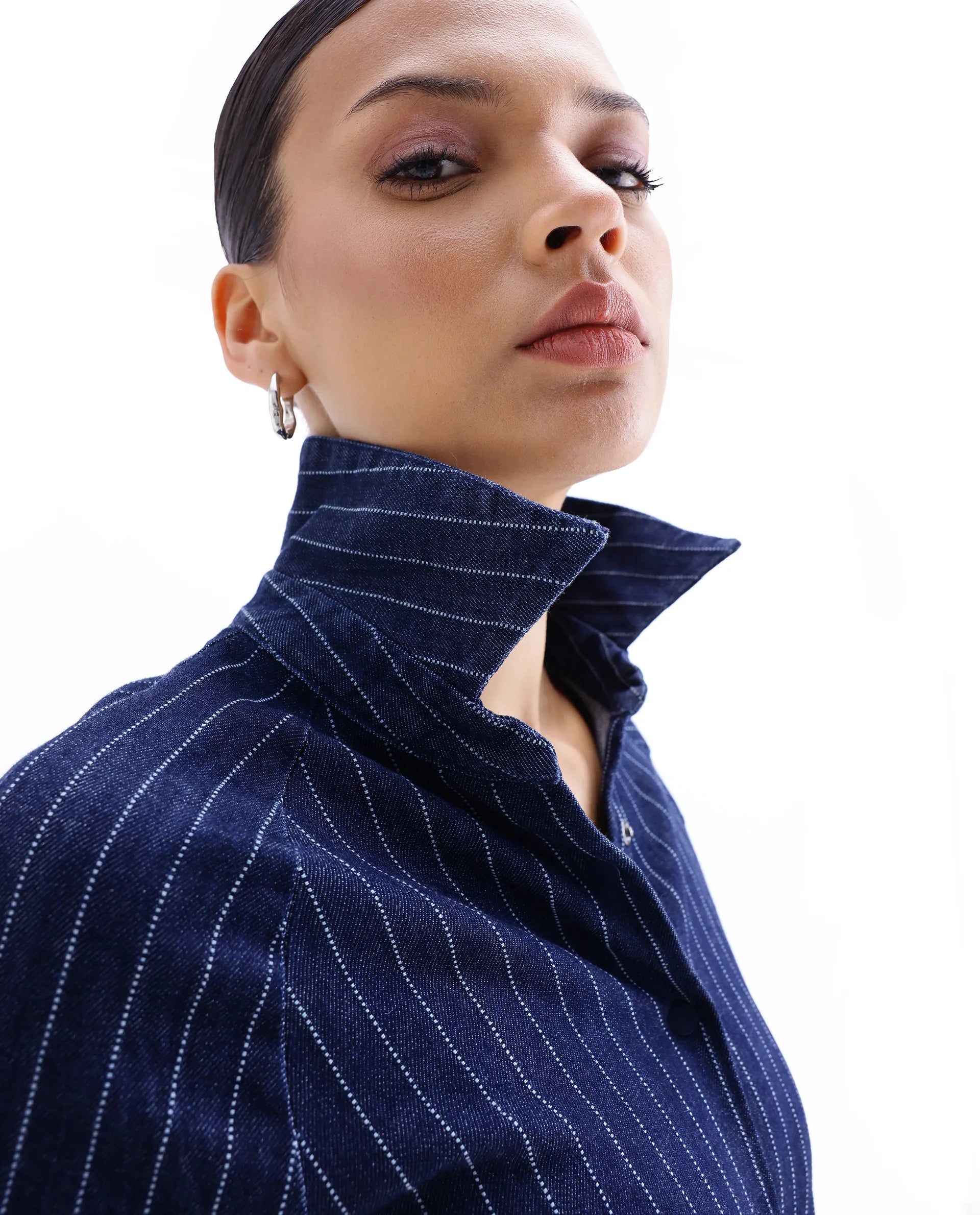 Rareism Women's Zrum Dark Blue Cotton Blend Drop Collar Striped Cuffed Sleeve Midi Boxy Fit Dress