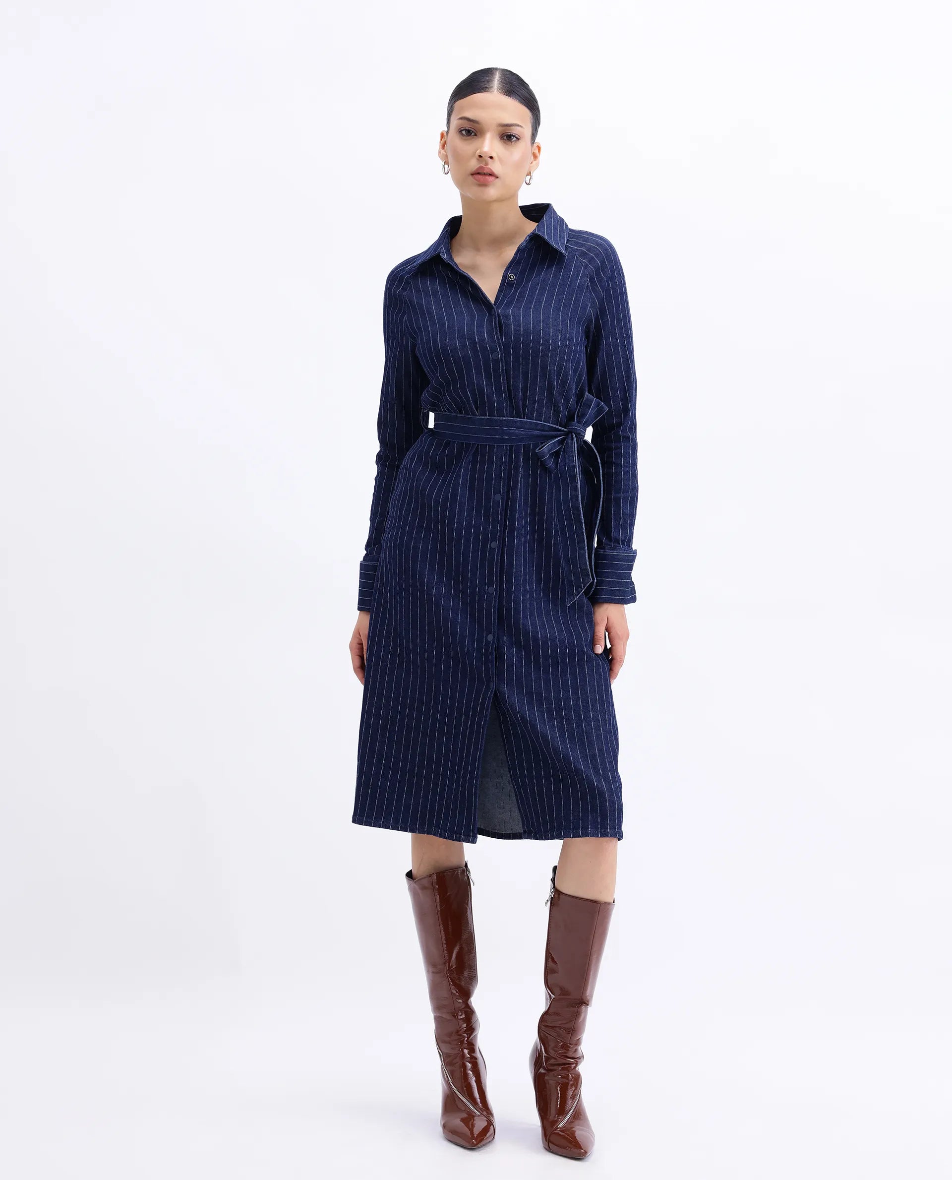 Rareism Women's Zrum Dark Blue Cotton Blend Drop Collar Striped Cuffed Sleeve Midi Boxy Fit Dress