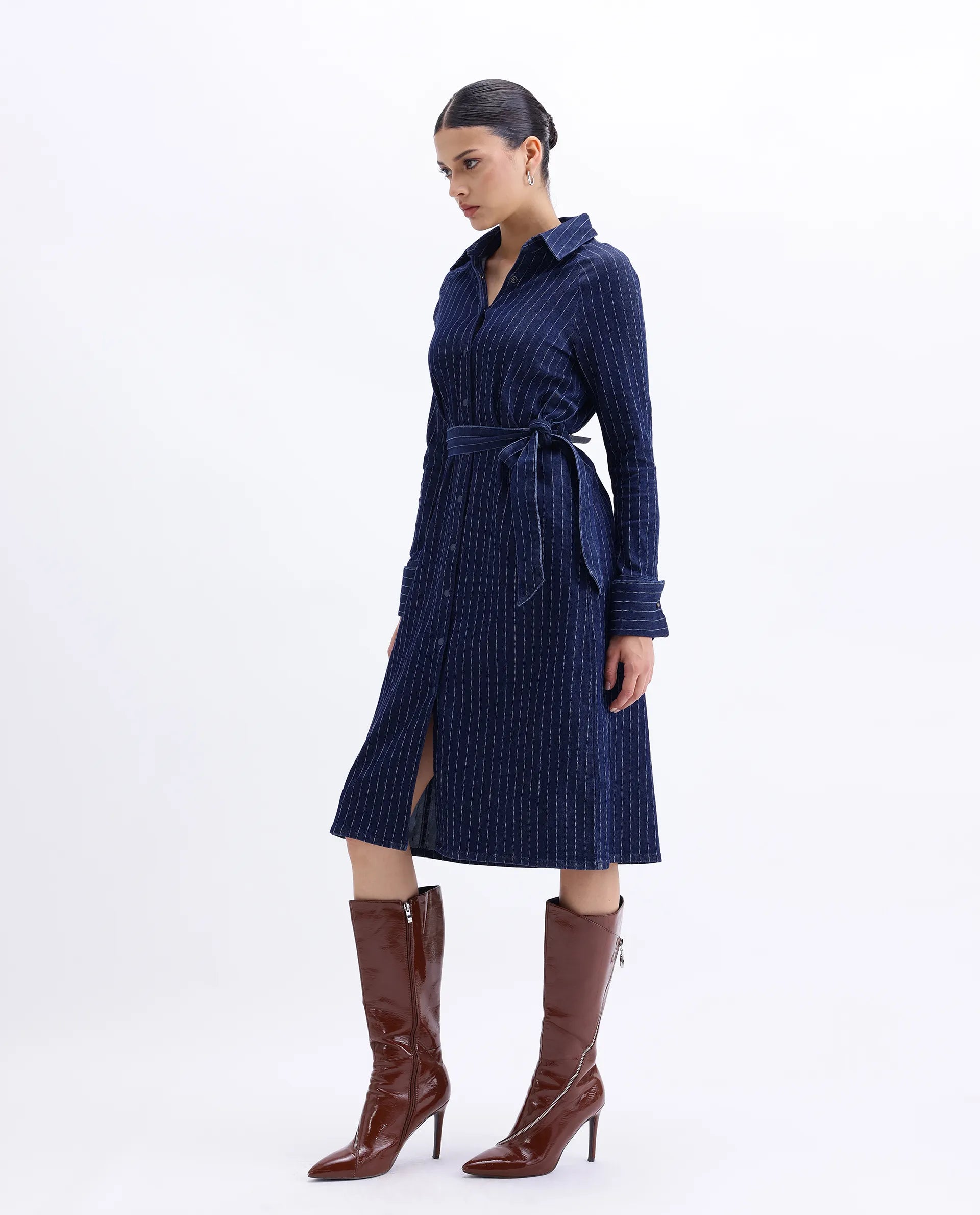 Rareism Women's Zrum Dark Blue Cotton Blend Drop Collar Striped Cuffed Sleeve Midi Boxy Fit Dress