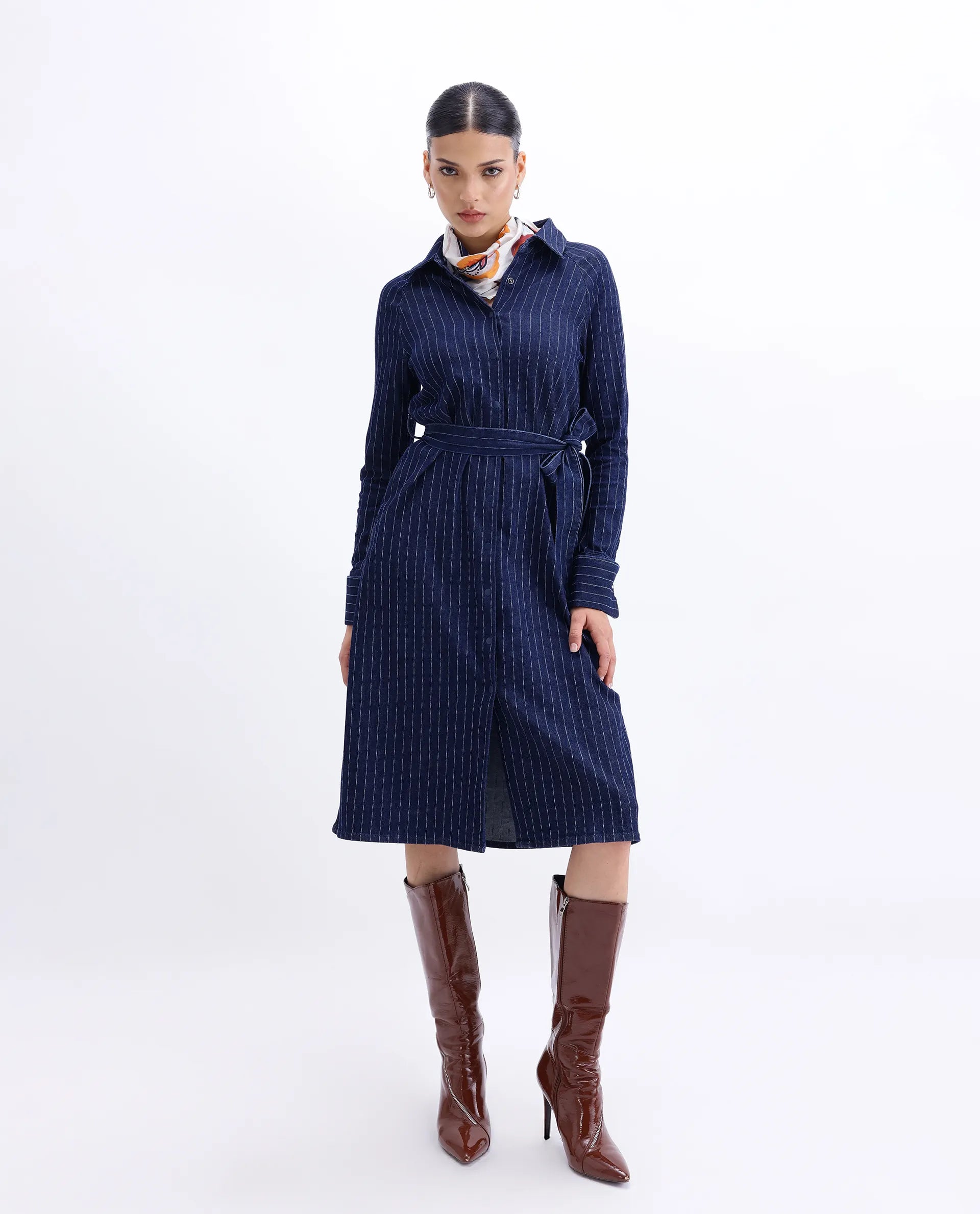 Rareism Women's Zrum Dark Blue Cotton Blend Drop Collar Striped Cuffed Sleeve Midi Boxy Fit Dress
