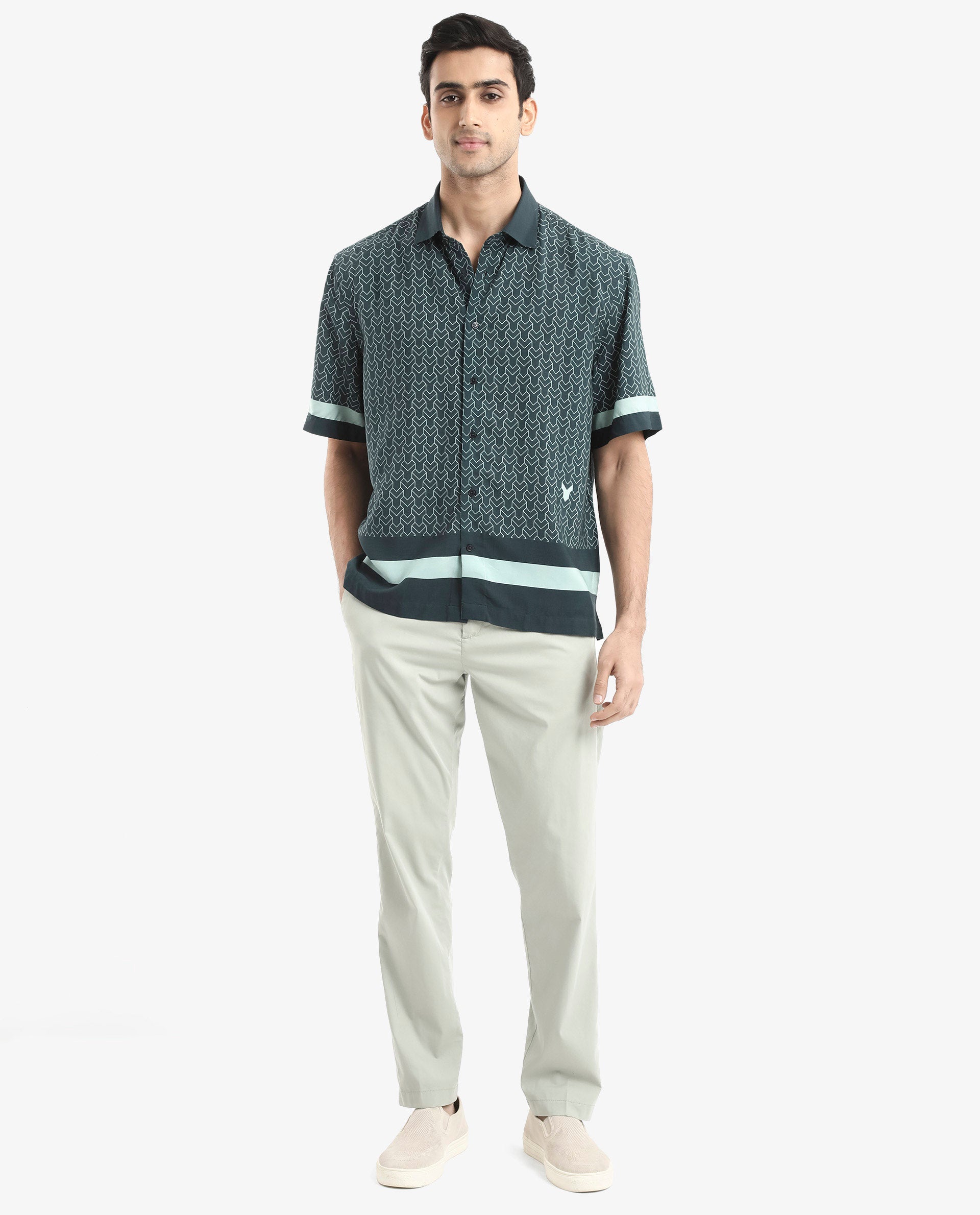 Rare Rabbit Men's Zubi Dark Green Viscose Fabric Short Sleeve Boxy Fit Monogram Print Shirt