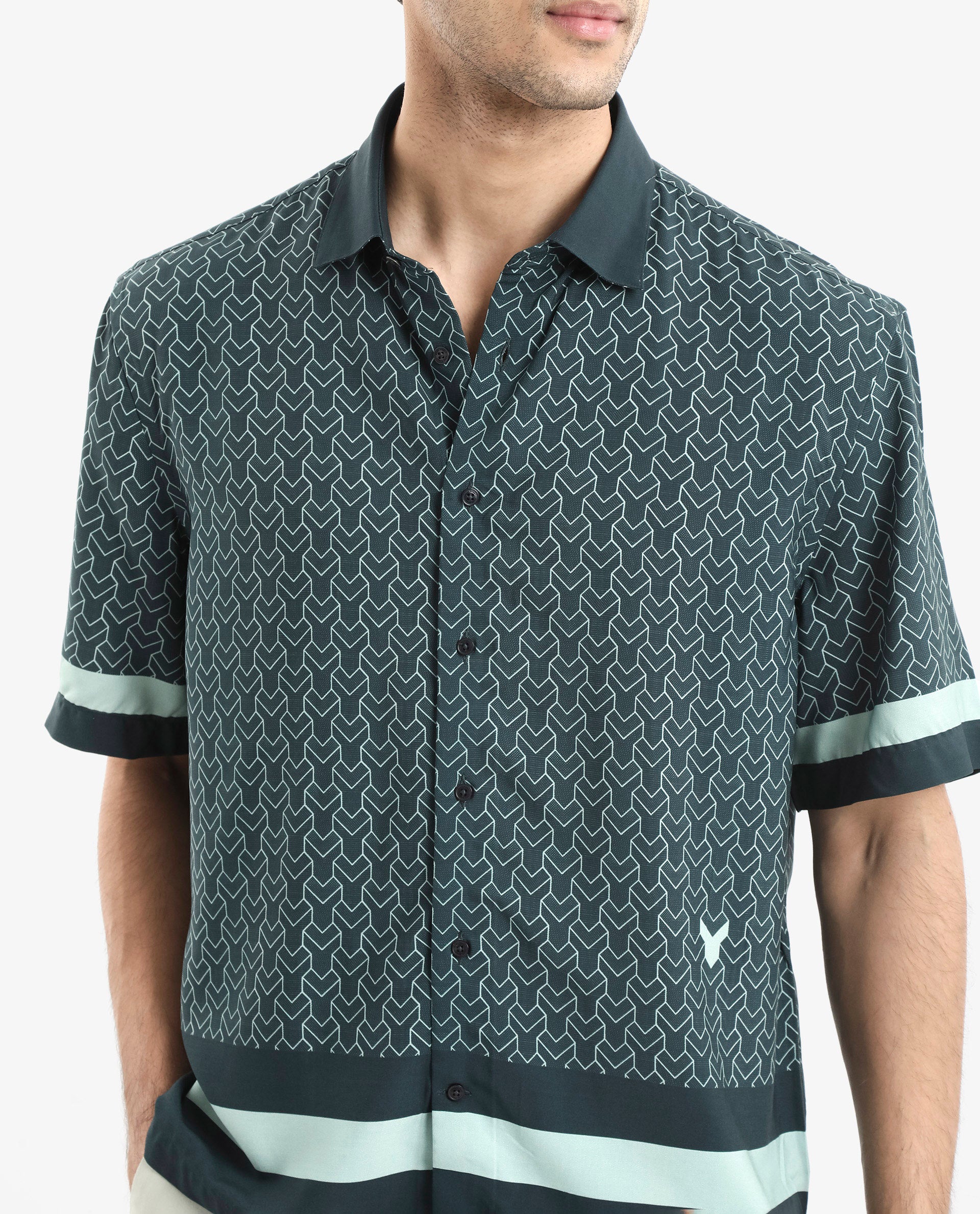 Rare Rabbit Men's Zubi Dark Green Viscose Fabric Short Sleeve Boxy Fit Monogram Print Shirt