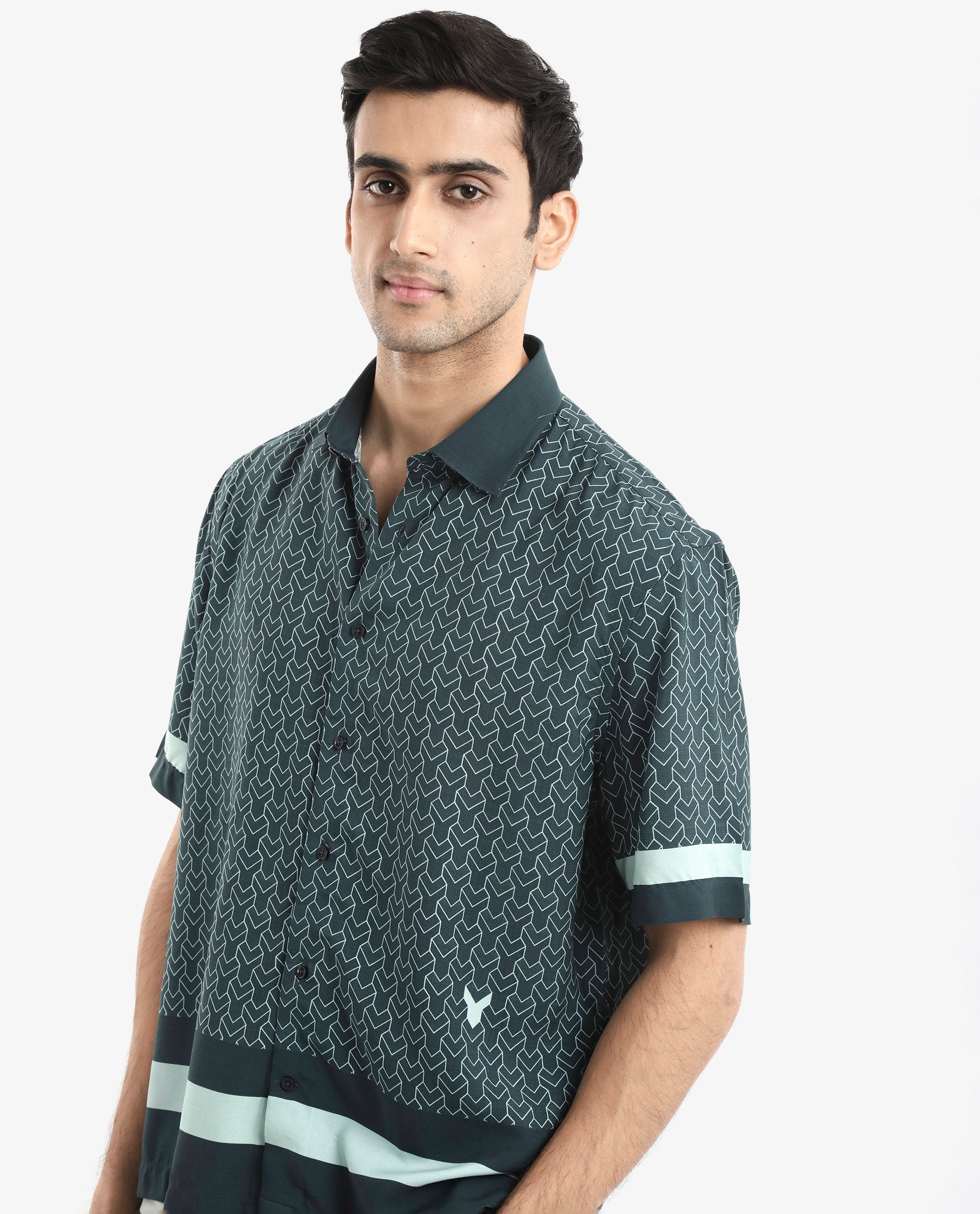 Rare Rabbit Men's Zubi Dark Green Viscose Fabric Short Sleeve Boxy Fit Monogram Print Shirt